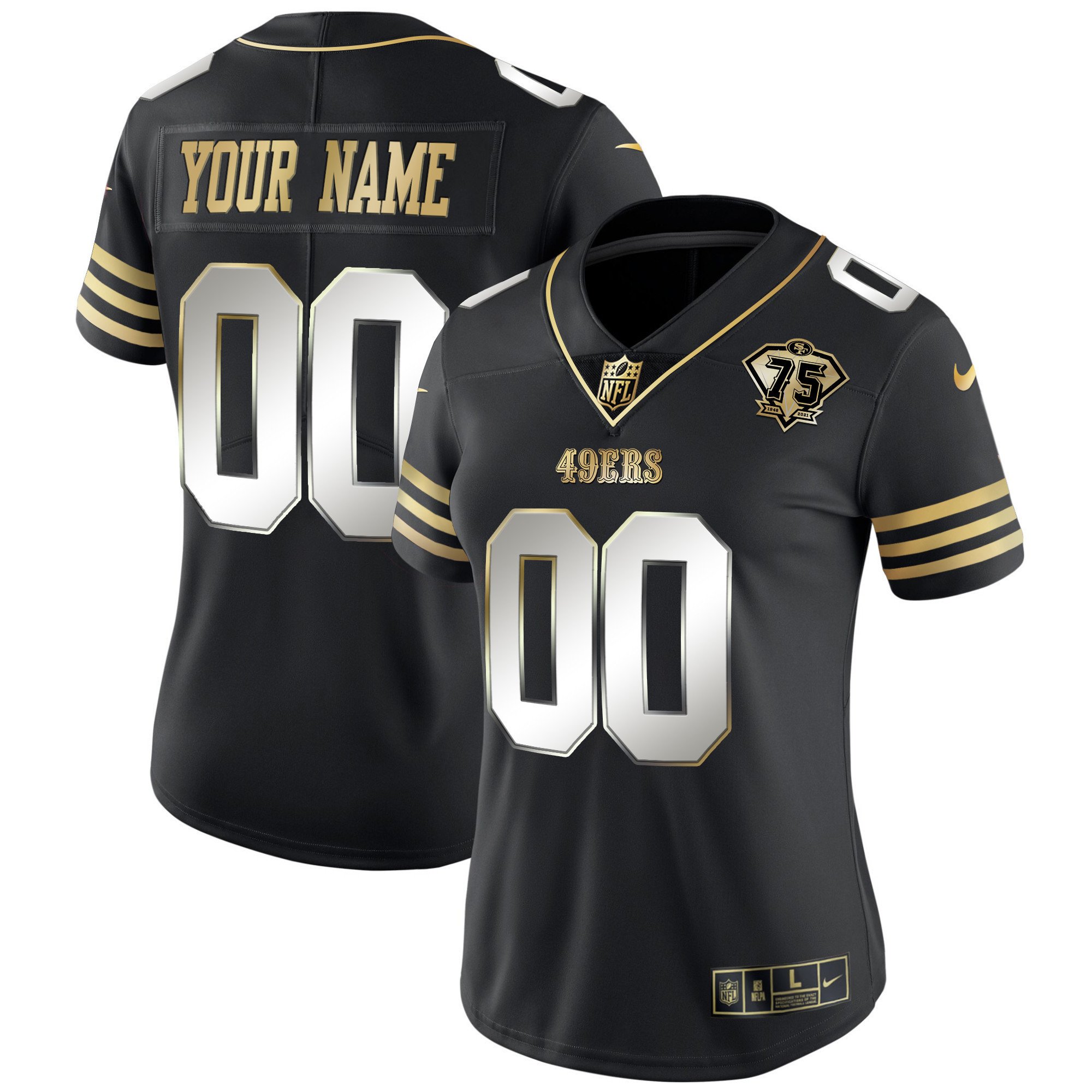 Women's San Francisco 49ers 75th Anniversary Patch Vapor Gold Custom Black Limited Jersey - All Stitched