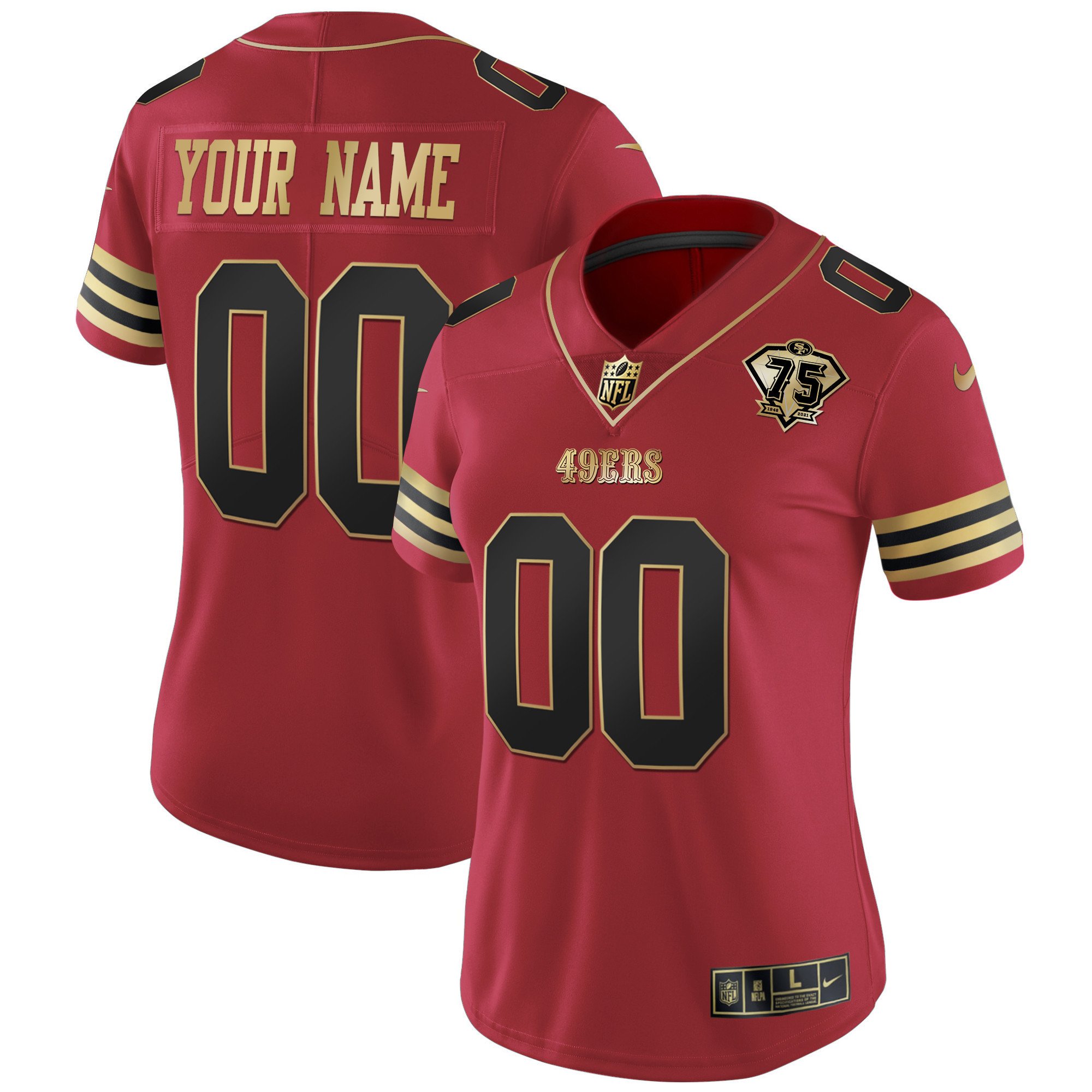 Women's San Francisco 49ers 75th Anniversary Patch Vapor Gold Custom Black Red Jersey V2 - All Stitched