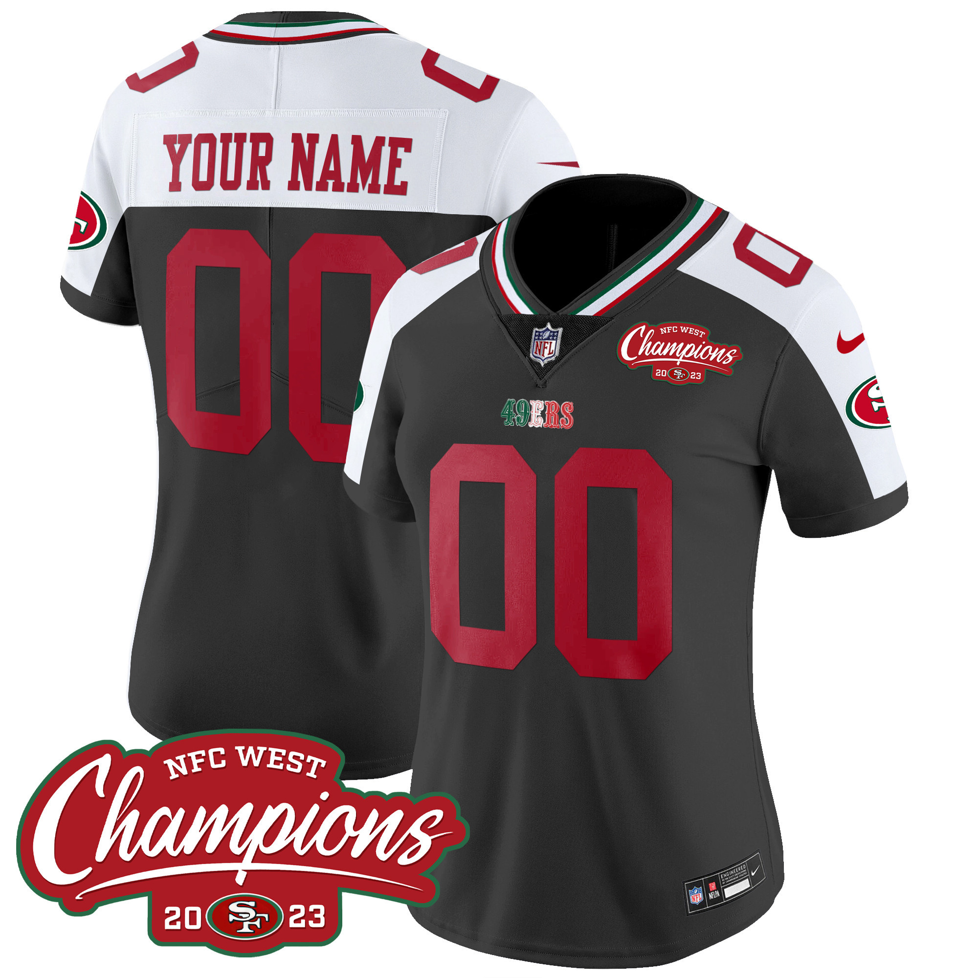 Women's San Francisco 49ers Mexico 2023 NFC West Champions Patch Vapor Custom Black Alternate Jersey - All Stitched