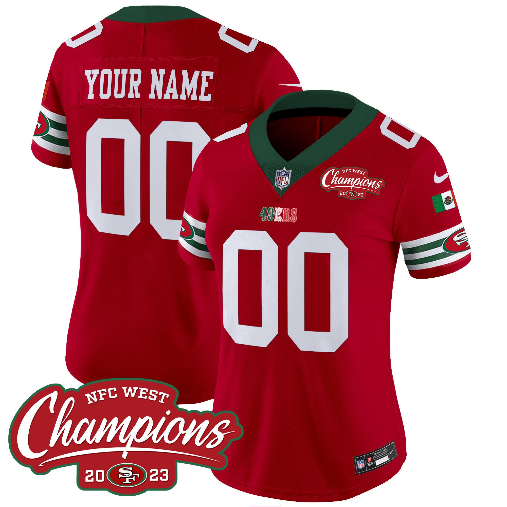 Women's San Francisco 49ers Mexico 2023 NFC West Champions Patch Vapor Custom Red Jersey - All Stitched