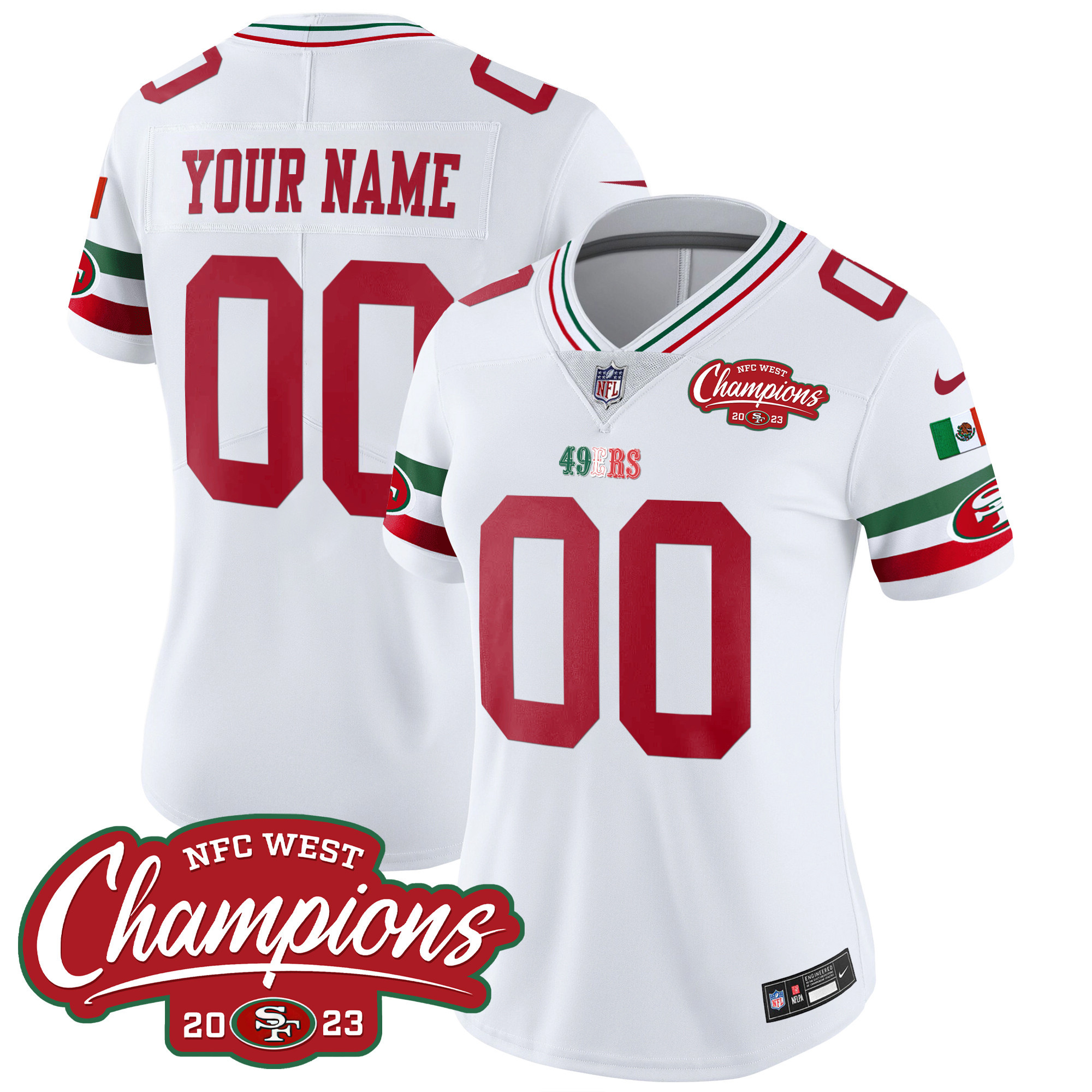 Women's San Francisco 49ers Mexico 2023 NFC West Champions Patch Vapor Custom White Jersey - All Stitched