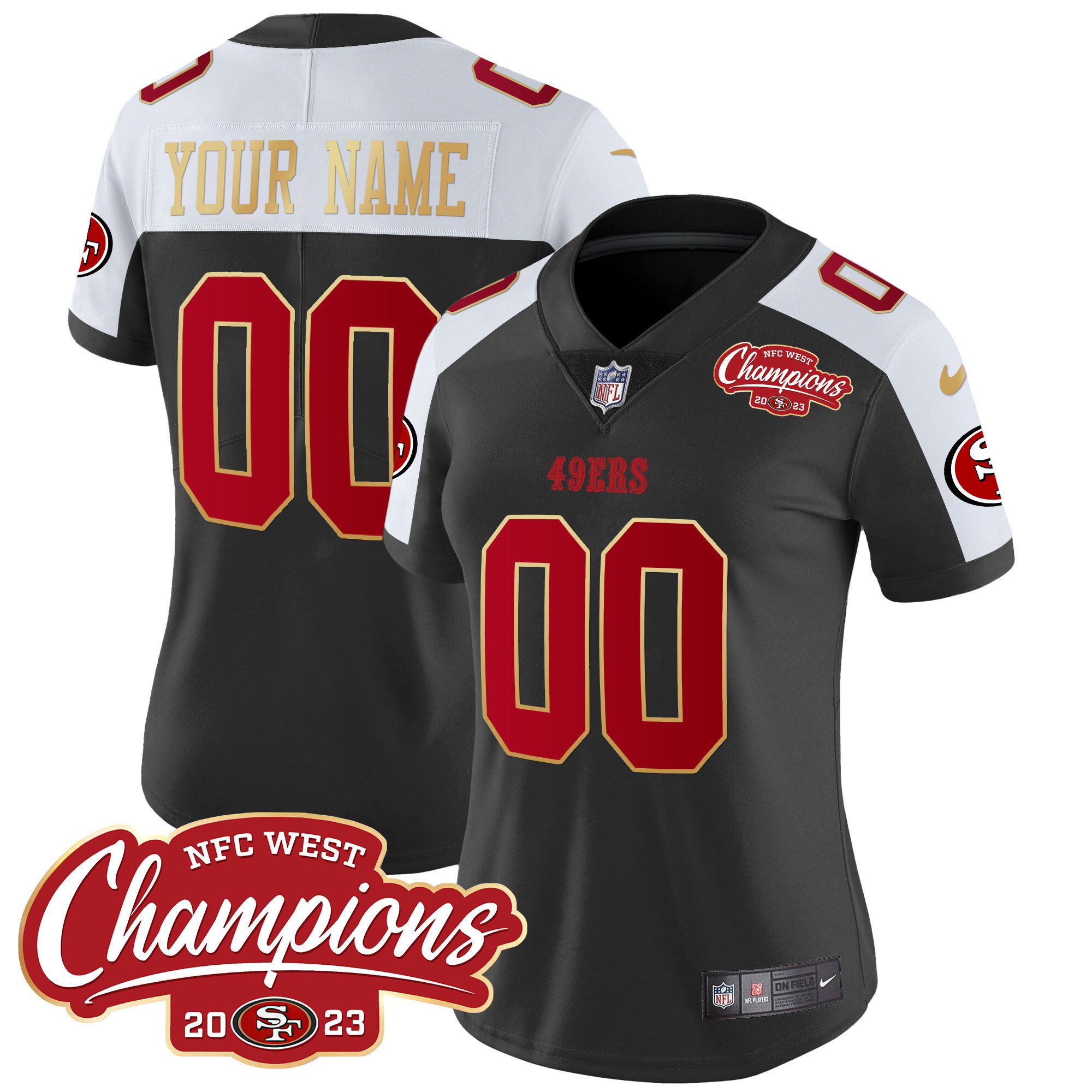 Women's San Francisco 49ers NFC West Champions Gold Trim Vapor Custom Black Alternate Jersey - All Stitched