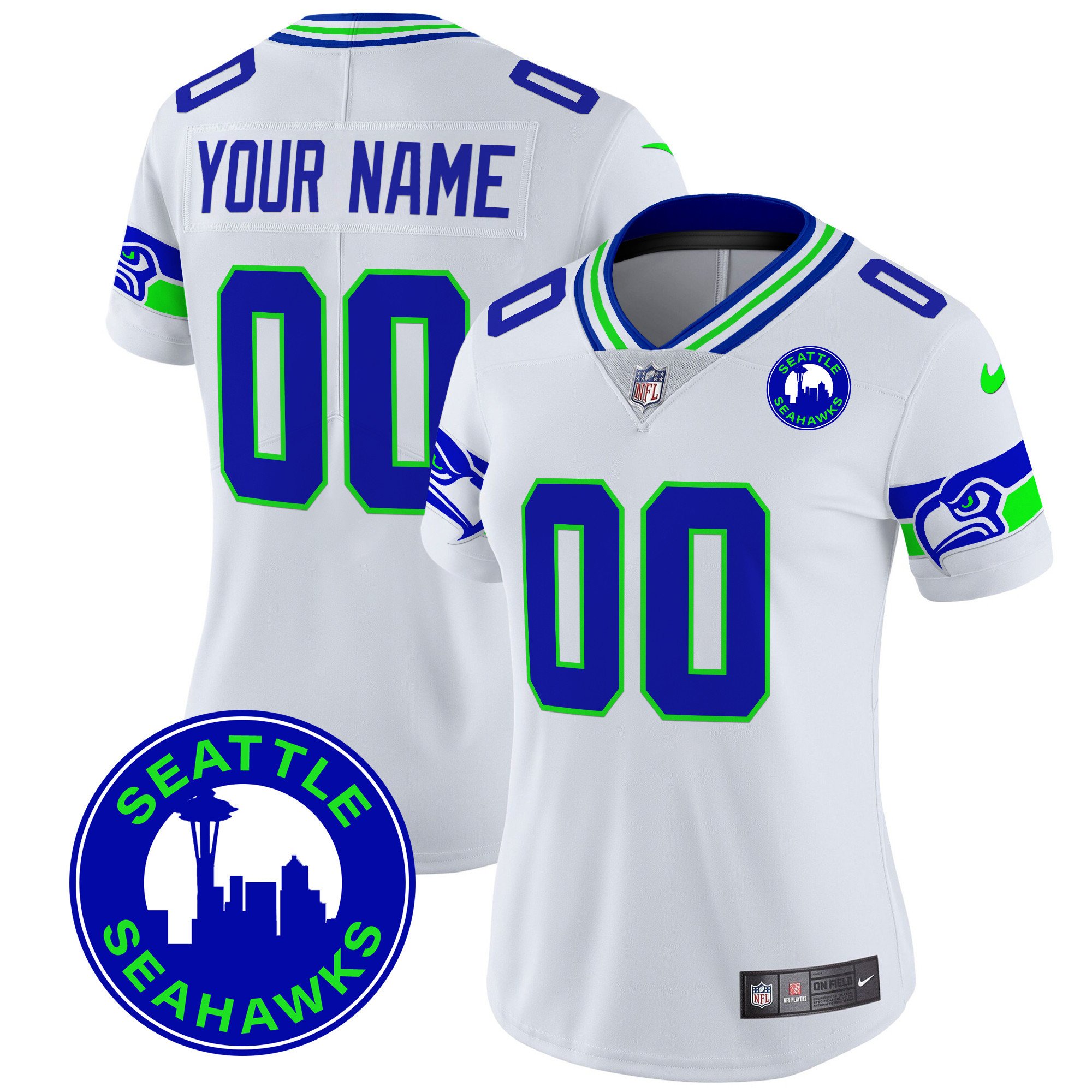 Women's Seattle Seahawks 2024 Seattle City Patch Vapor Limited Custom White Jersey - All Stitched