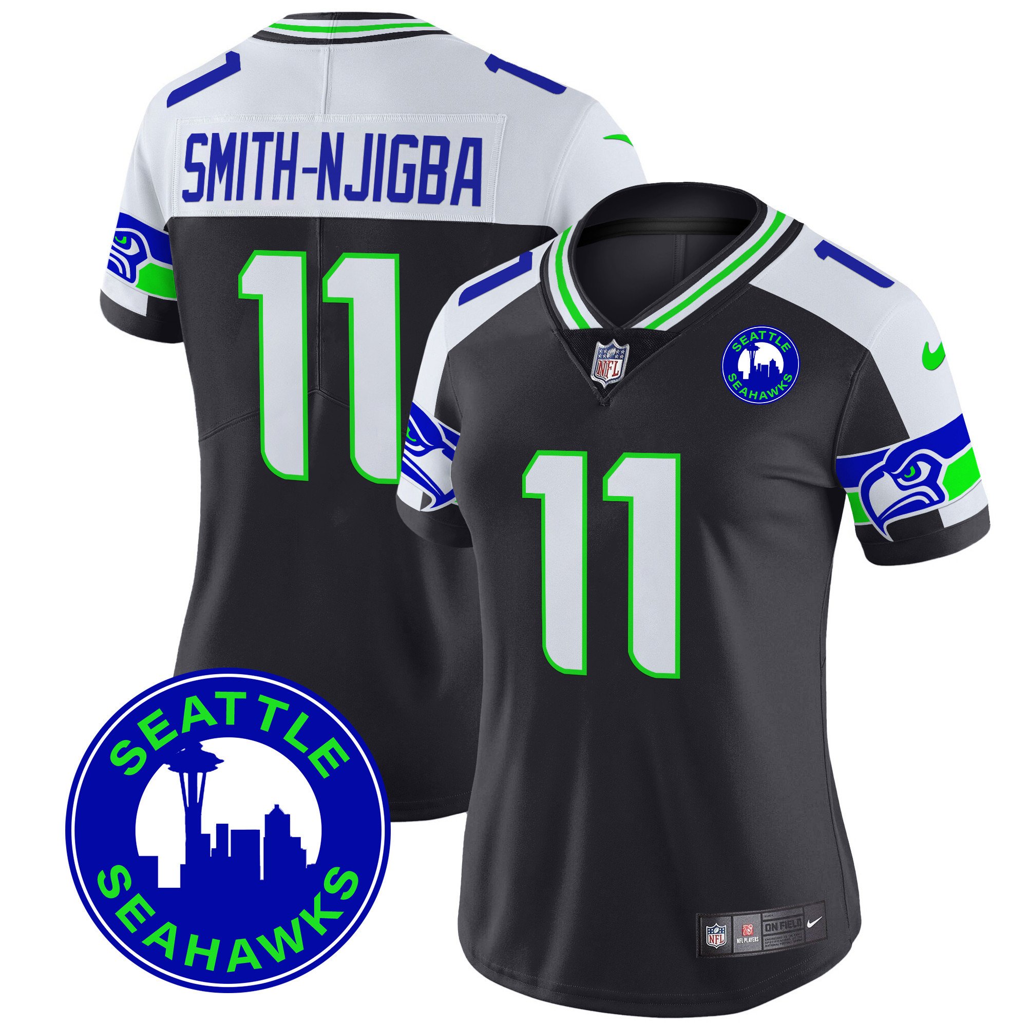 Women's Smith-Njigba Seattle Seahawks 2024 Seattle City Patch Vapor Limited Black Alternate Jersey - All Stitched