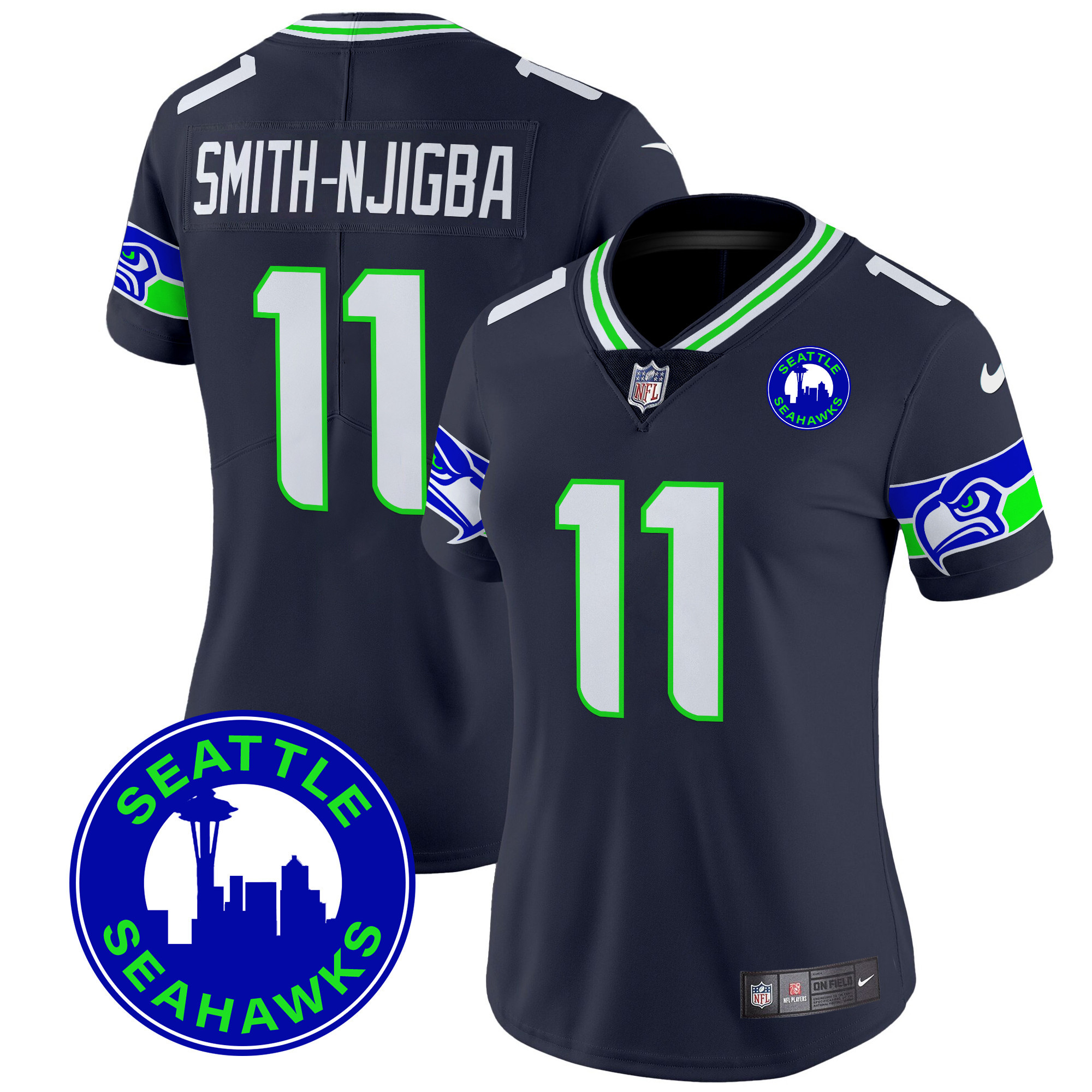 Women's Smith-Njigba Seattle Seahawks 2024 Seattle City Patch Vapor Limited Navy Jersey - All Stitched