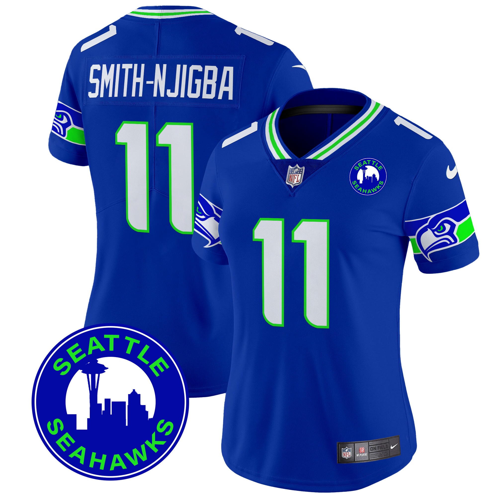 Women's Smith-Njigba Seattle Seahawks 2024 Seattle City Patch Vapor Limited Royal Jersey - All Stitched