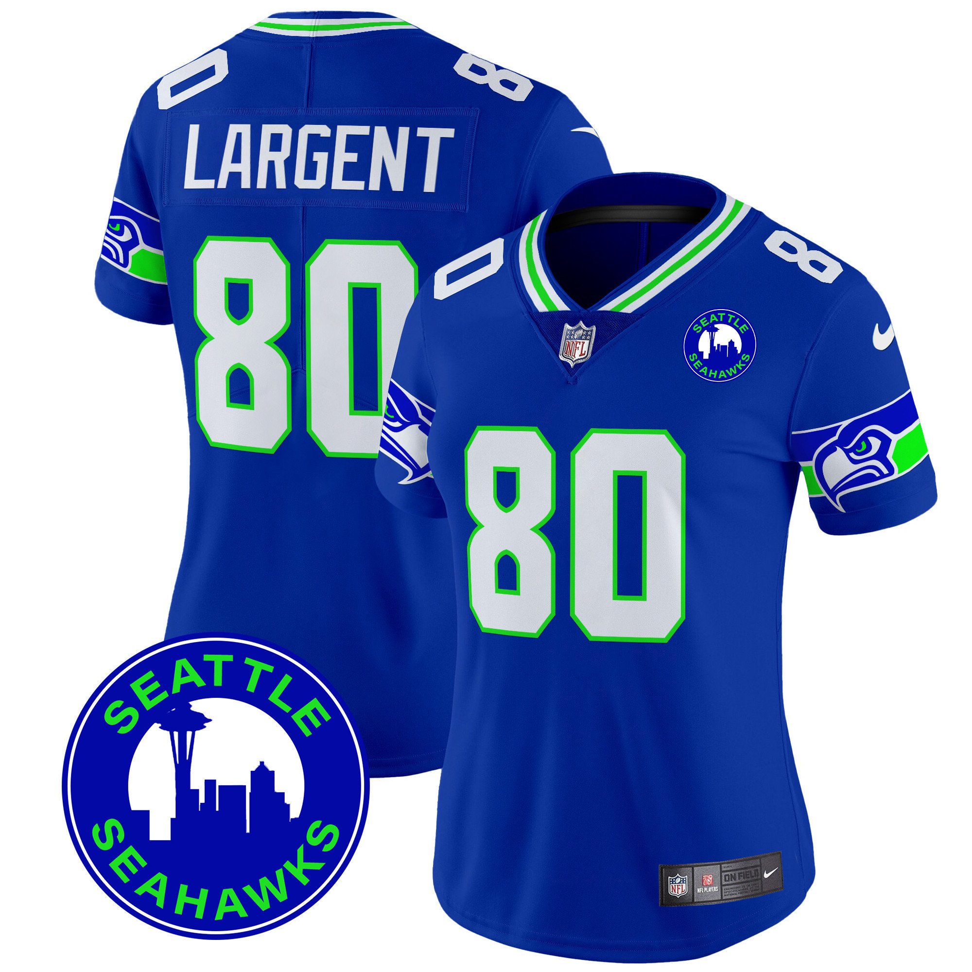 Women's Steve Largent Seattle Seahawks 2024 Seattle City Patch Vapor Limited Royal Jersey - All Stitched