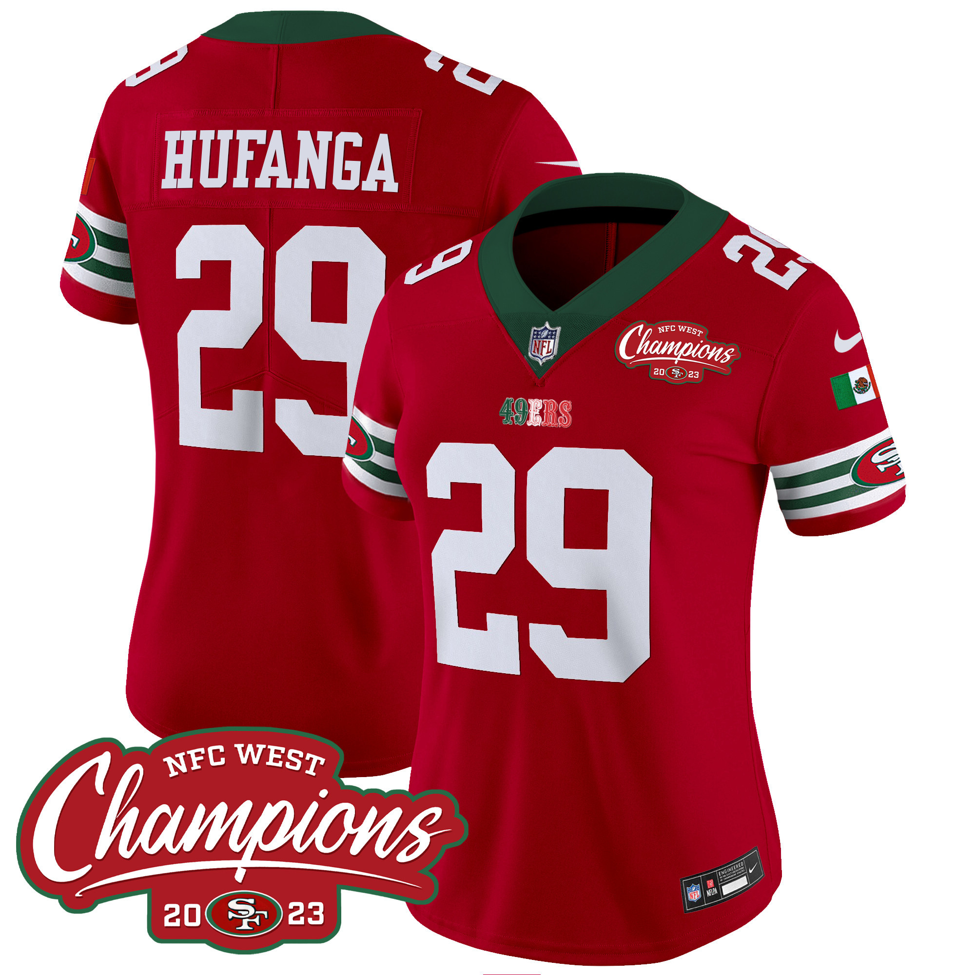 Women's Talanoa Hufanga San Francisco 49ers Mexico 2023 NFC West Champions Patch Vapor Red Jersey - All Stitched