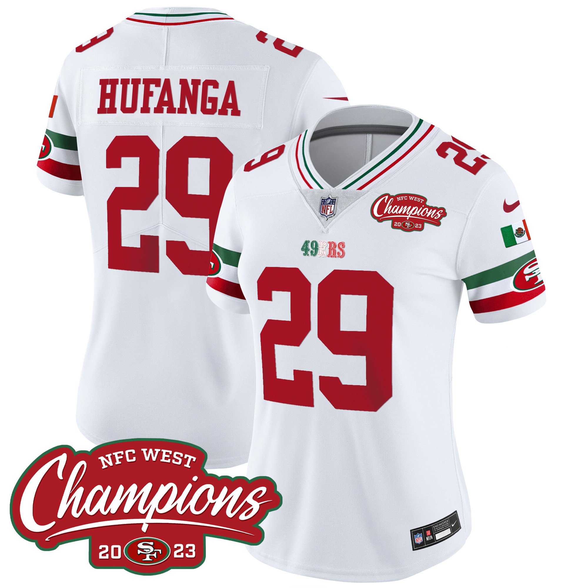 Women's Talanoa Hufanga San Francisco 49ers Mexico 2023 NFC West Champions Patch Vapor White Jersey - All Stitched