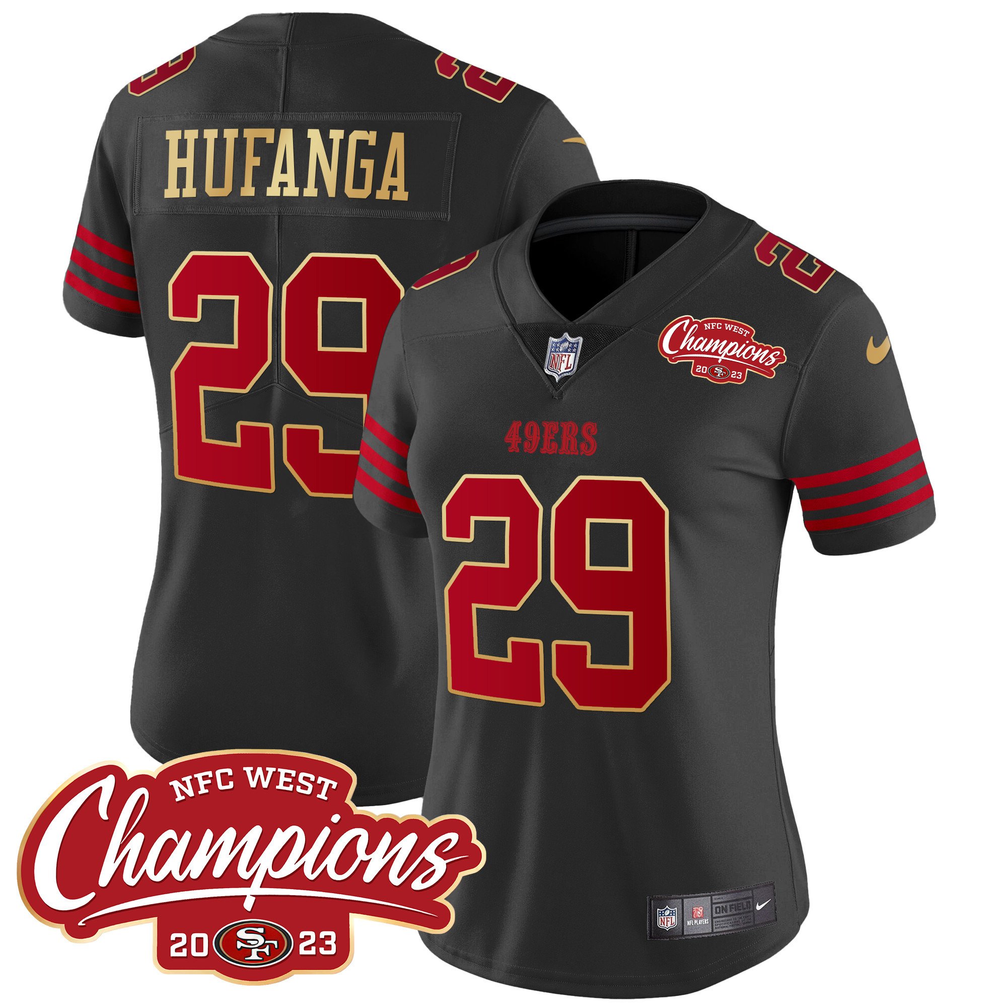 Women's Talanoa Hufanga San Francisco 49ers NFC West Champions Gold Trim Vapor Black Jersey - All Stitched