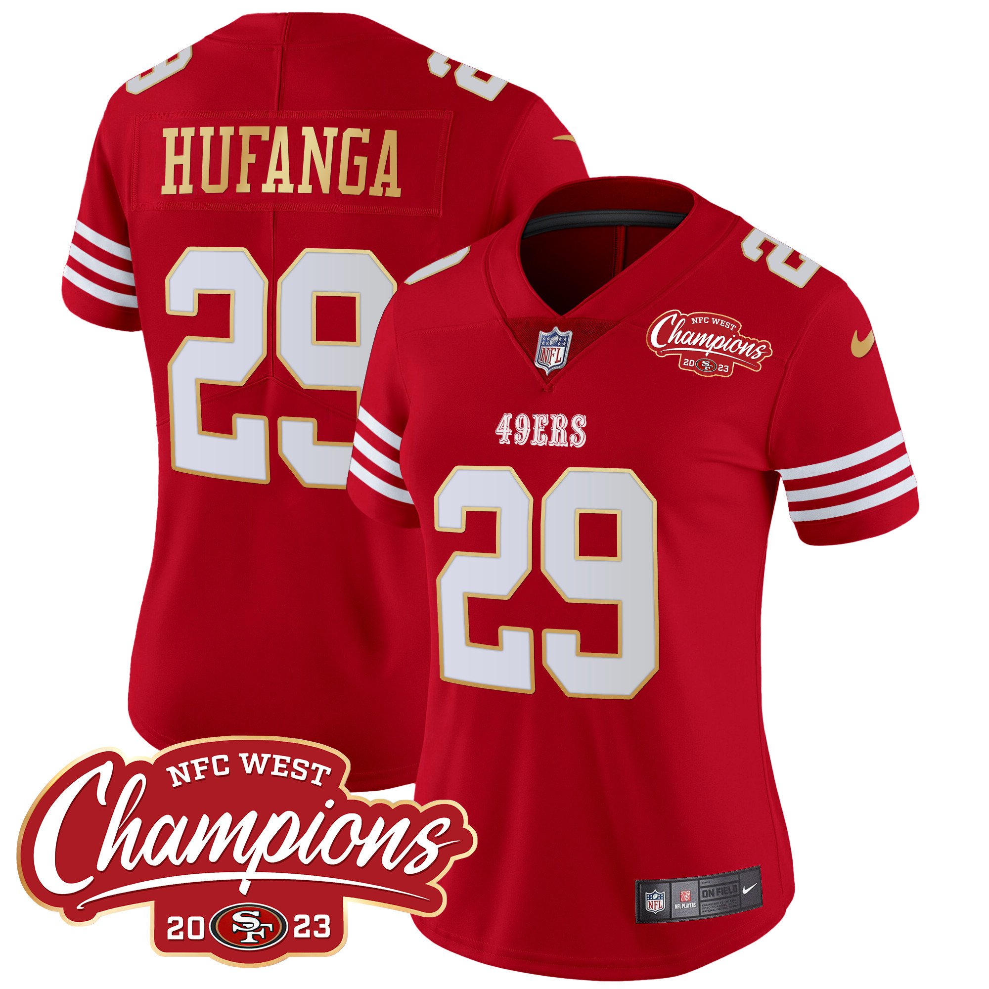 Women's Talanoa Hufanga San Francisco 49ers NFC West Champions Gold Trim Vapor Red Jersey - All Stitched