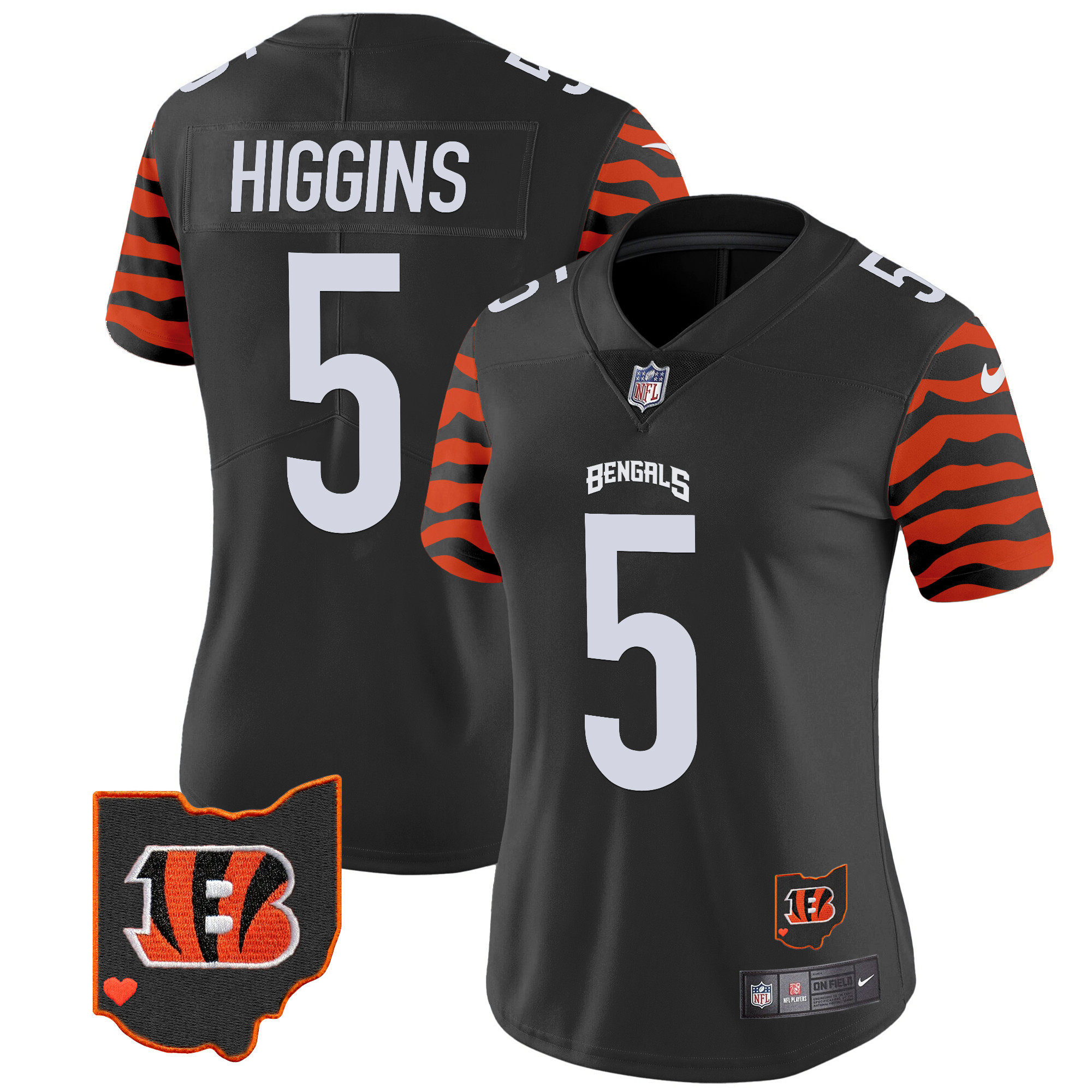 Women's Tee Higgins Cincinnati Bengals Stripes Vapor Limited Black Jersey - All Stitched