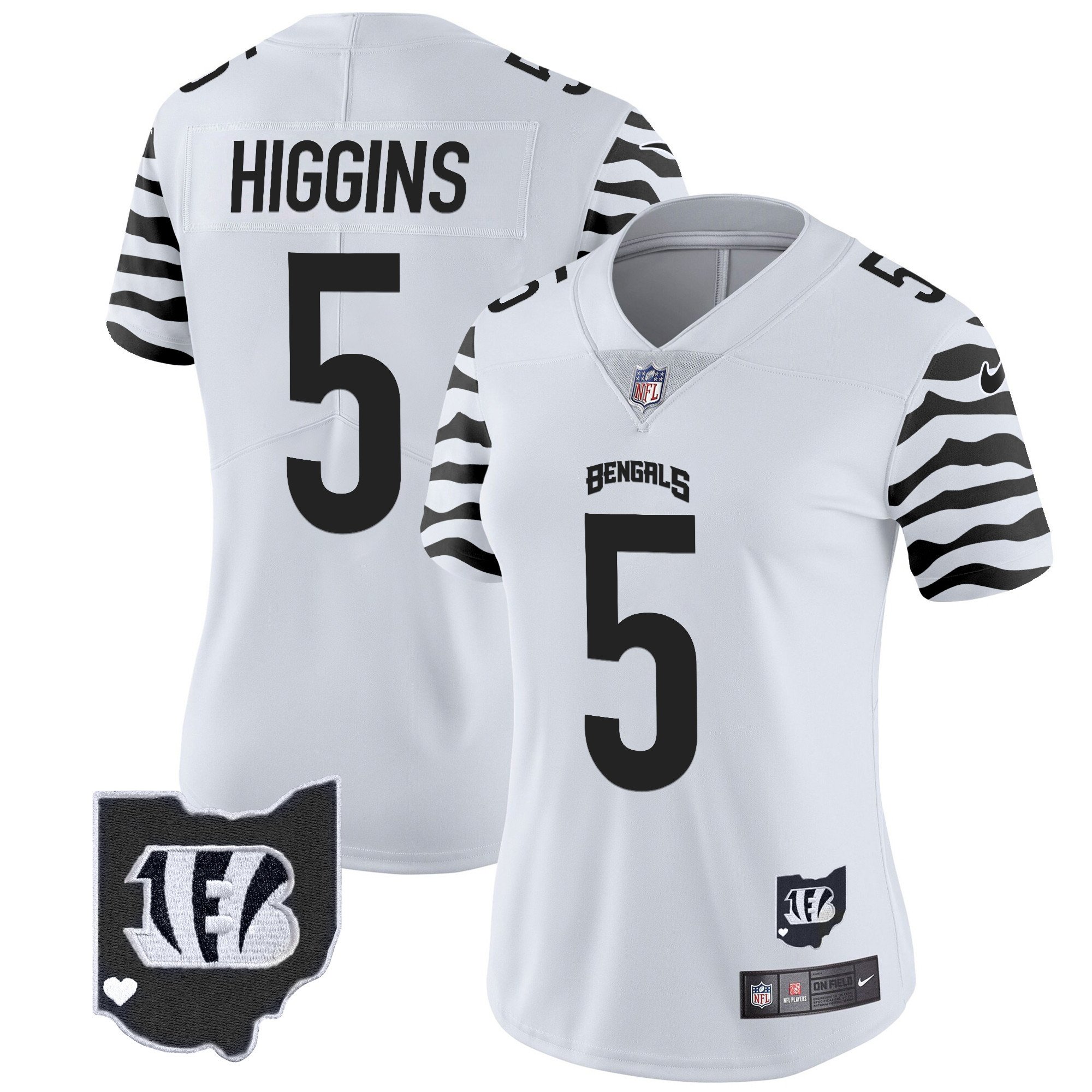 Women's Tee Higgins Cincinnati Bengals Stripes Vapor Limited White Jersey - All Stitched