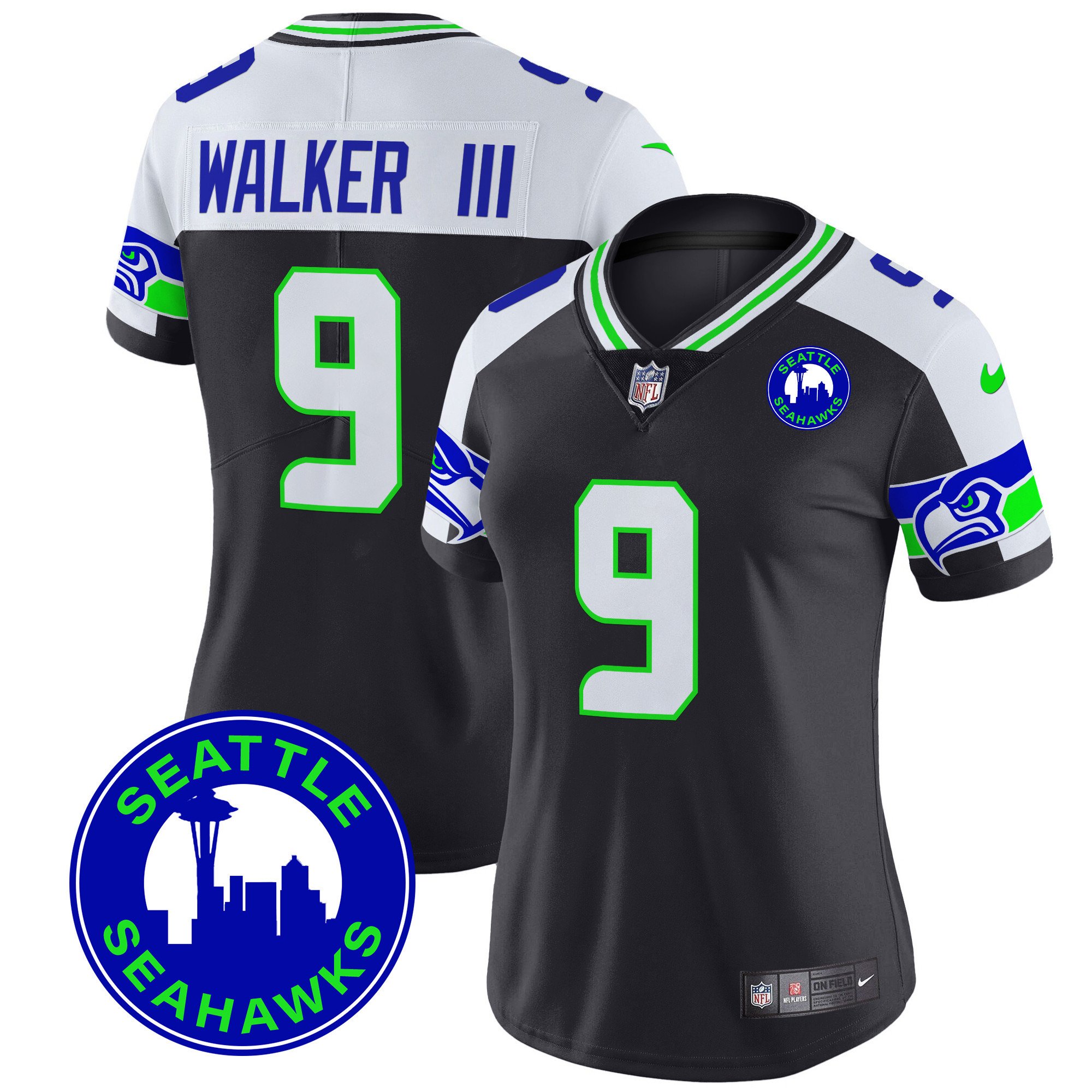 Women's Walker III Seattle Seahawks 2024 Seattle City Patch Vapor Limited Black Alternate Jersey - All Stitched