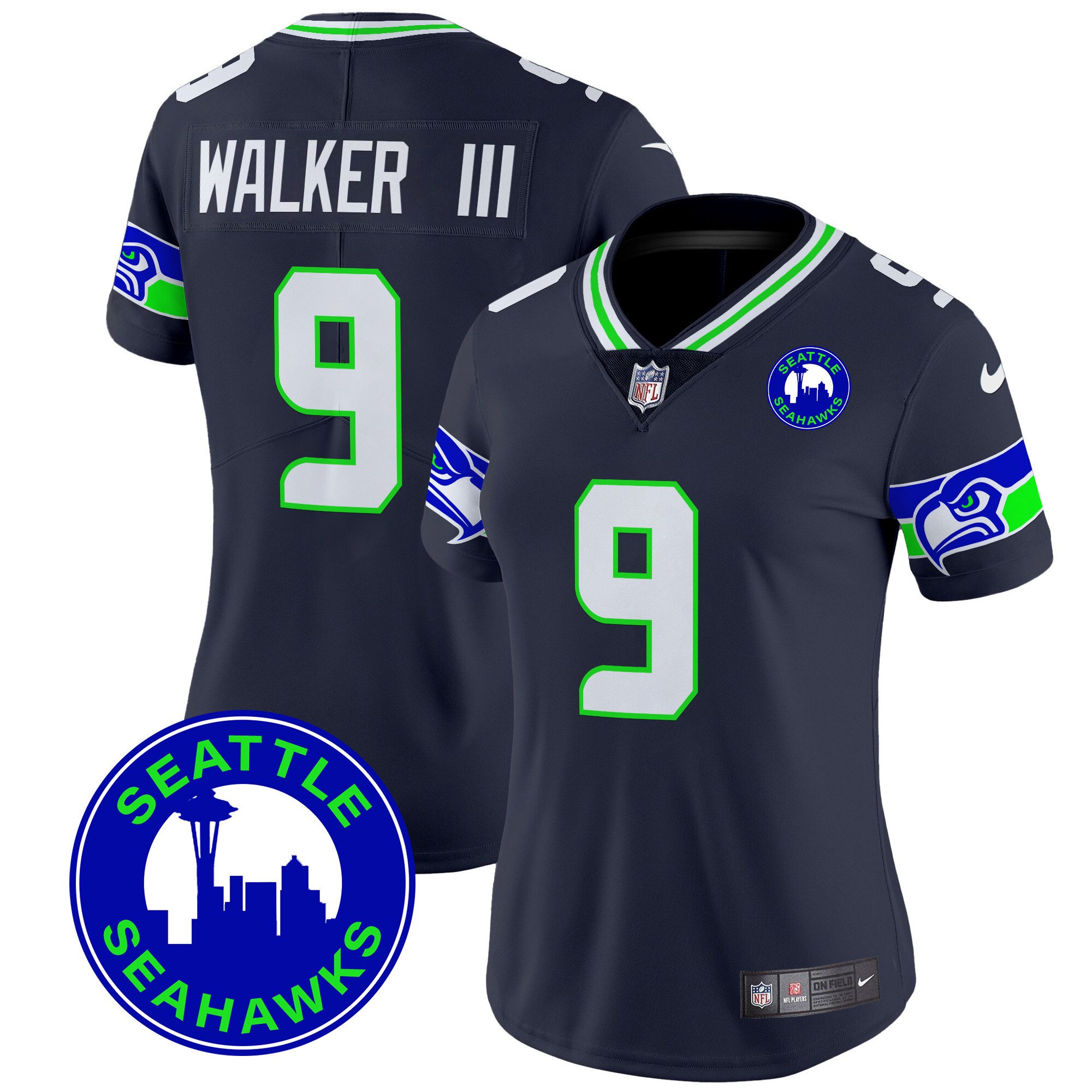 Women's Walker III Seattle Seahawks 2024 Seattle City Patch Vapor Limited Navy Jersey - All Stitched