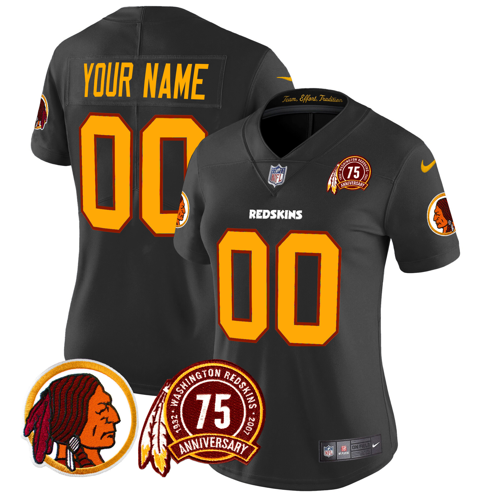 Women's Washington Redskins 75th Patch Throwback Vapor Limited Custom Black Jersey - All Stitched