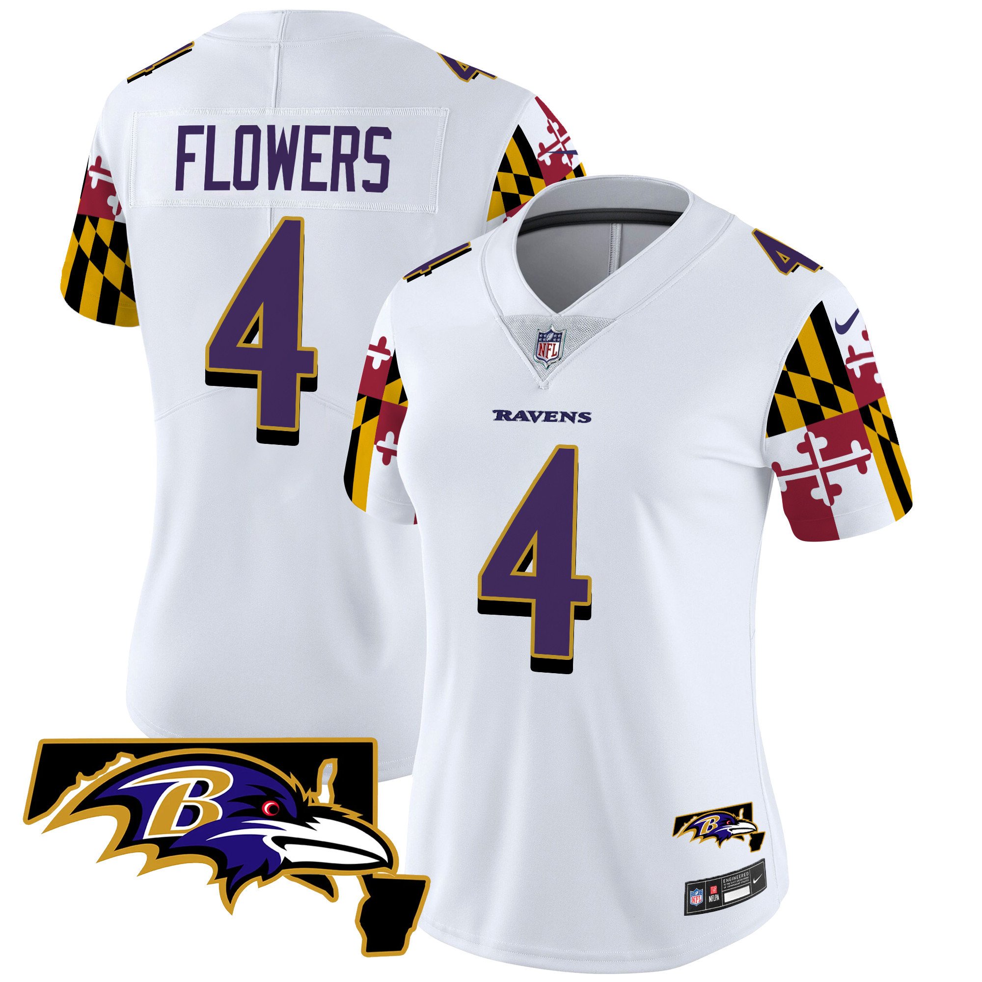 Women's Zay Flowers Baltimore Ravens Maryland Flag Vapor Limited White Jersey V2 - All Stitched