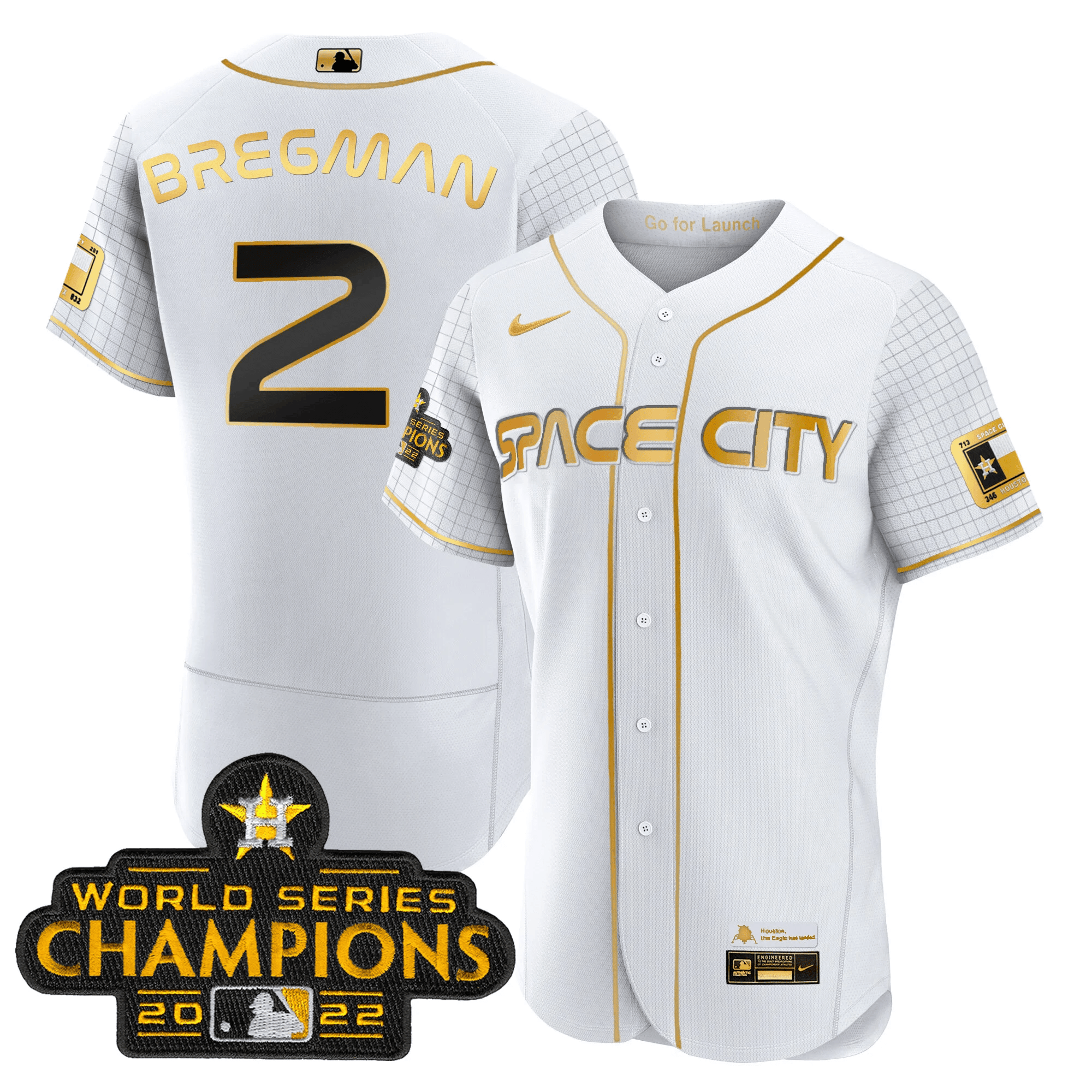 Youth's Alex Bregman Houston Astros 2023 Space City Champions Flex White Gold Jersey Ã± All Stitched