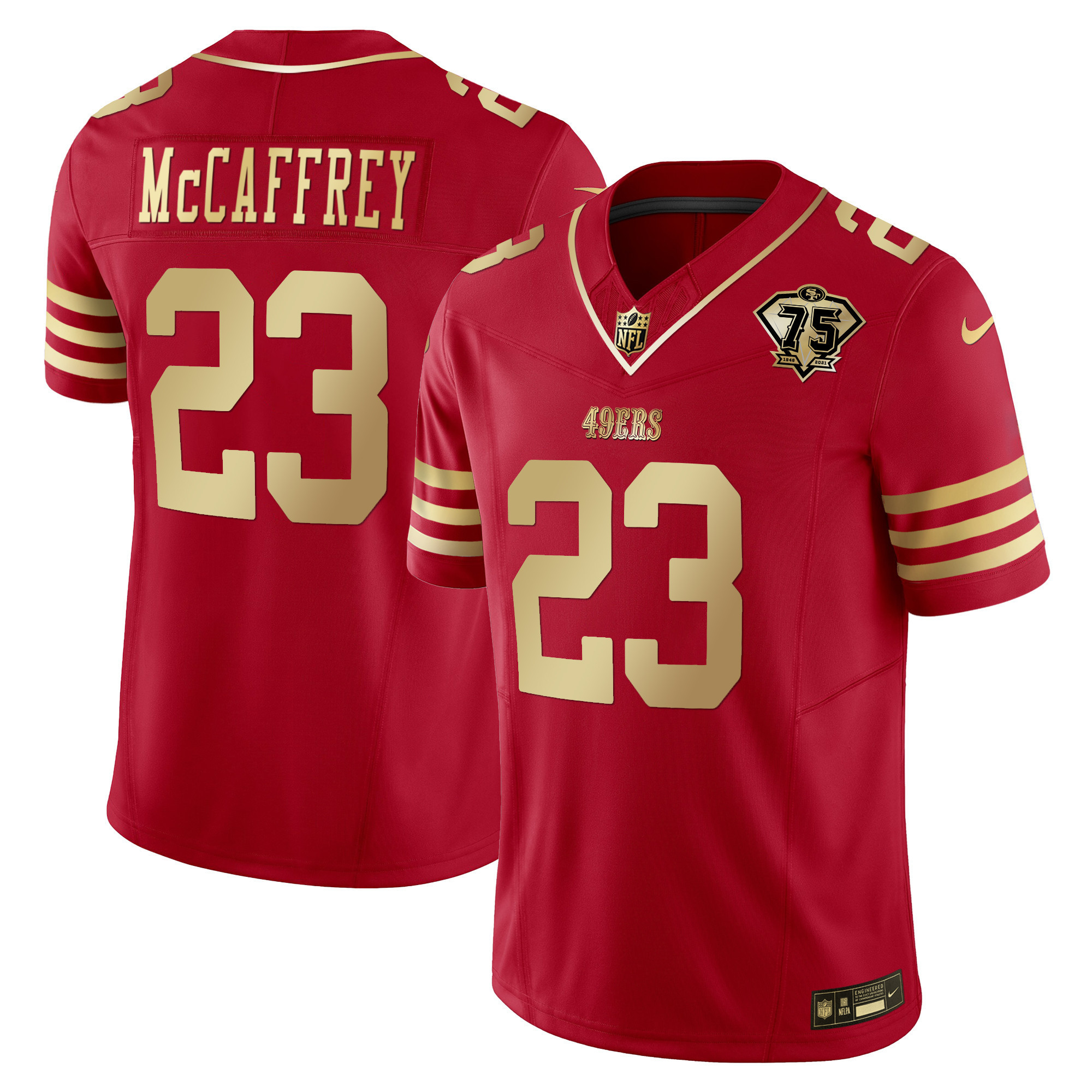 Youth's Christian McCaffrey San Francisco 49ers 2023 Vapor Gold Limited Scarlet Gold Jersey - All Stitched