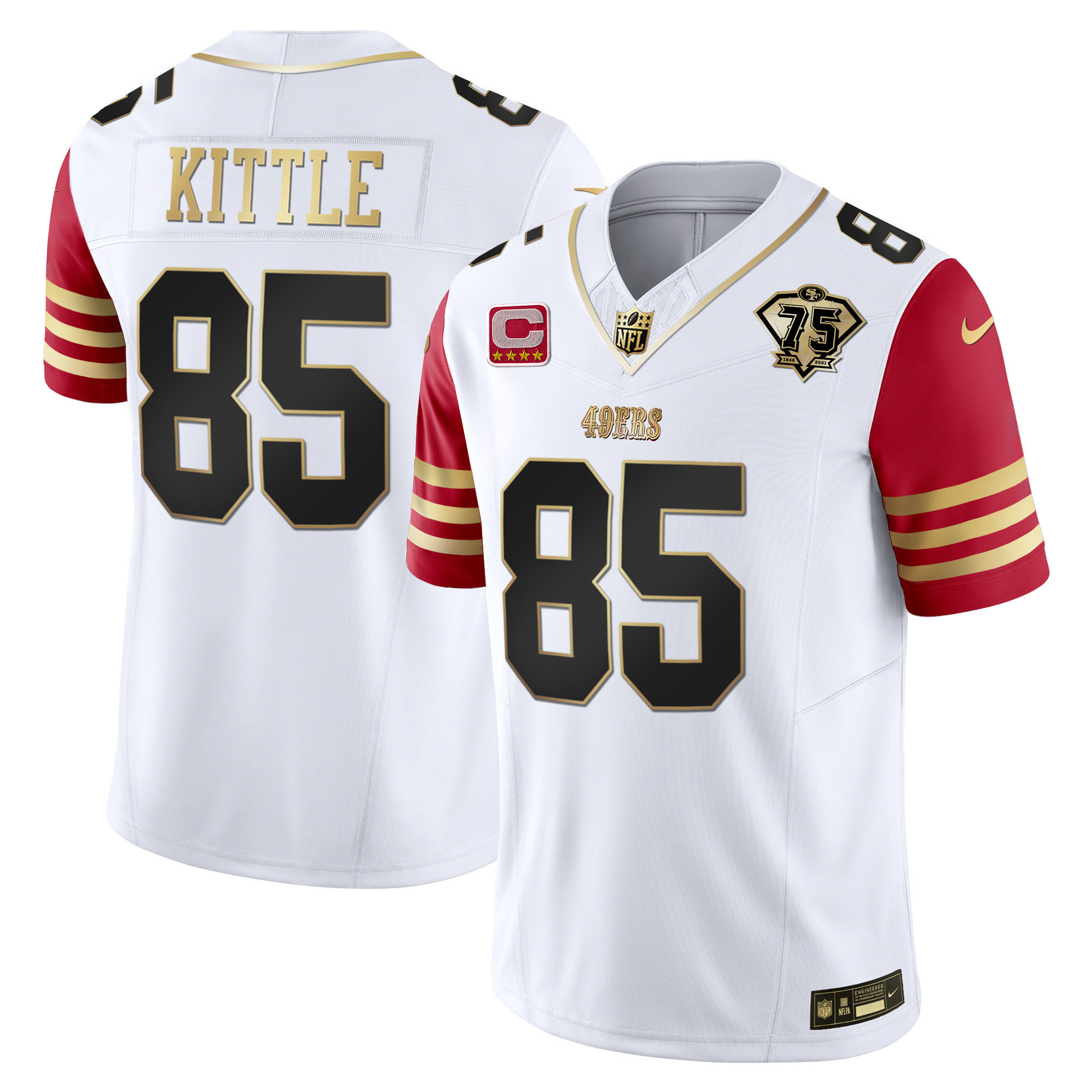 Youth's George Kittle San Francisco 49ers 2023 Vapor Gold Limited Scarlet Sleeves Jersey - All Stitched