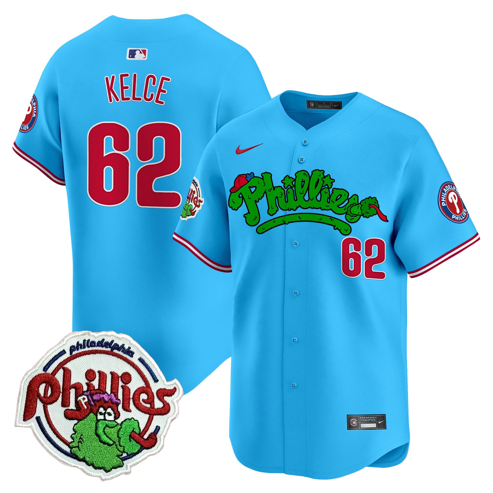 Youth's Jason Kelce Philadelphia Phillies Phanatic Patch Vapor Premier Limited Light Blue Jersey V2 - All Stitched