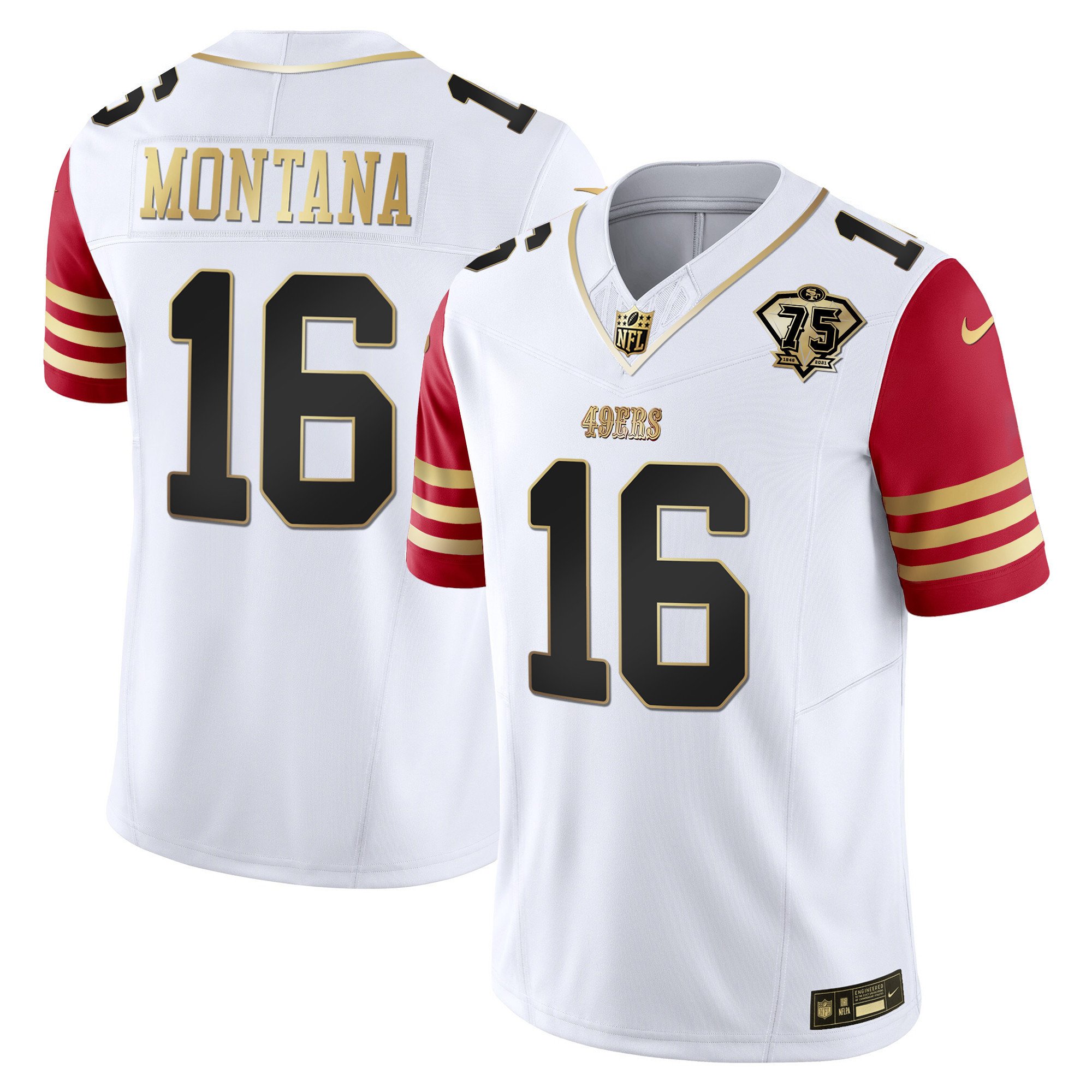 Youth's Joe Montana San Francisco 49ers 2023 Vapor Gold Limited Scarlet Sleeves Jersey - All Stitched