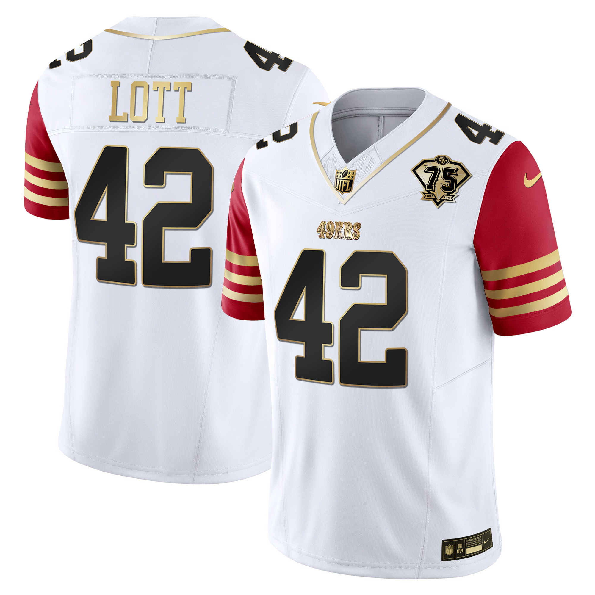 Youth's Ronnie Lott San Francisco 49ers 2023 Vapor Gold Limited Scarlet Sleeves Jersey - All Stitched