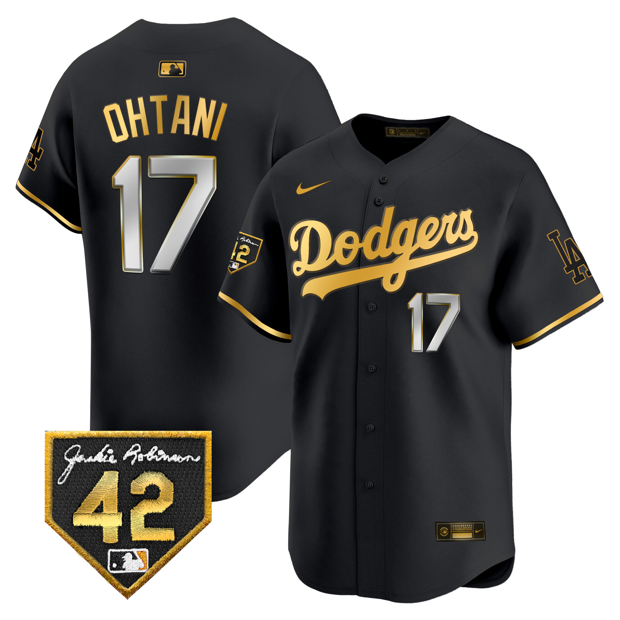 Shohei Ohtani Men's Los Angeles Dodgers 2024 Jackie Robinson Patch Vapor Premier Limited Black Gold Jersey - All Stitched