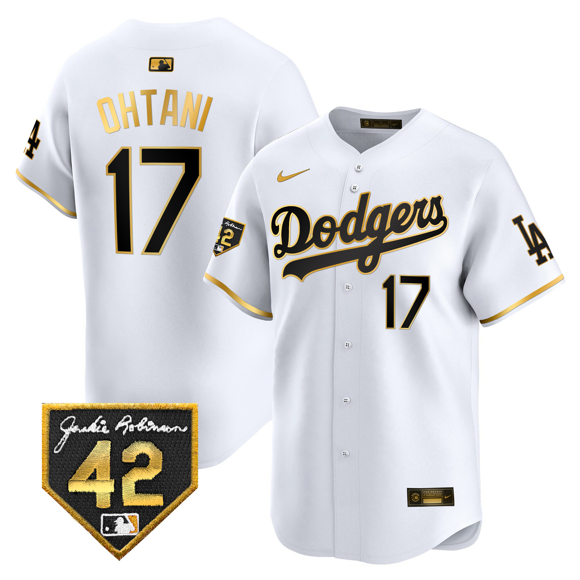 Shohei Ohtani Men's Los Angeles Dodgers 2024 Jackie Robinson Patch Vapor Premier Limited White Gold Jersey - All Stitched