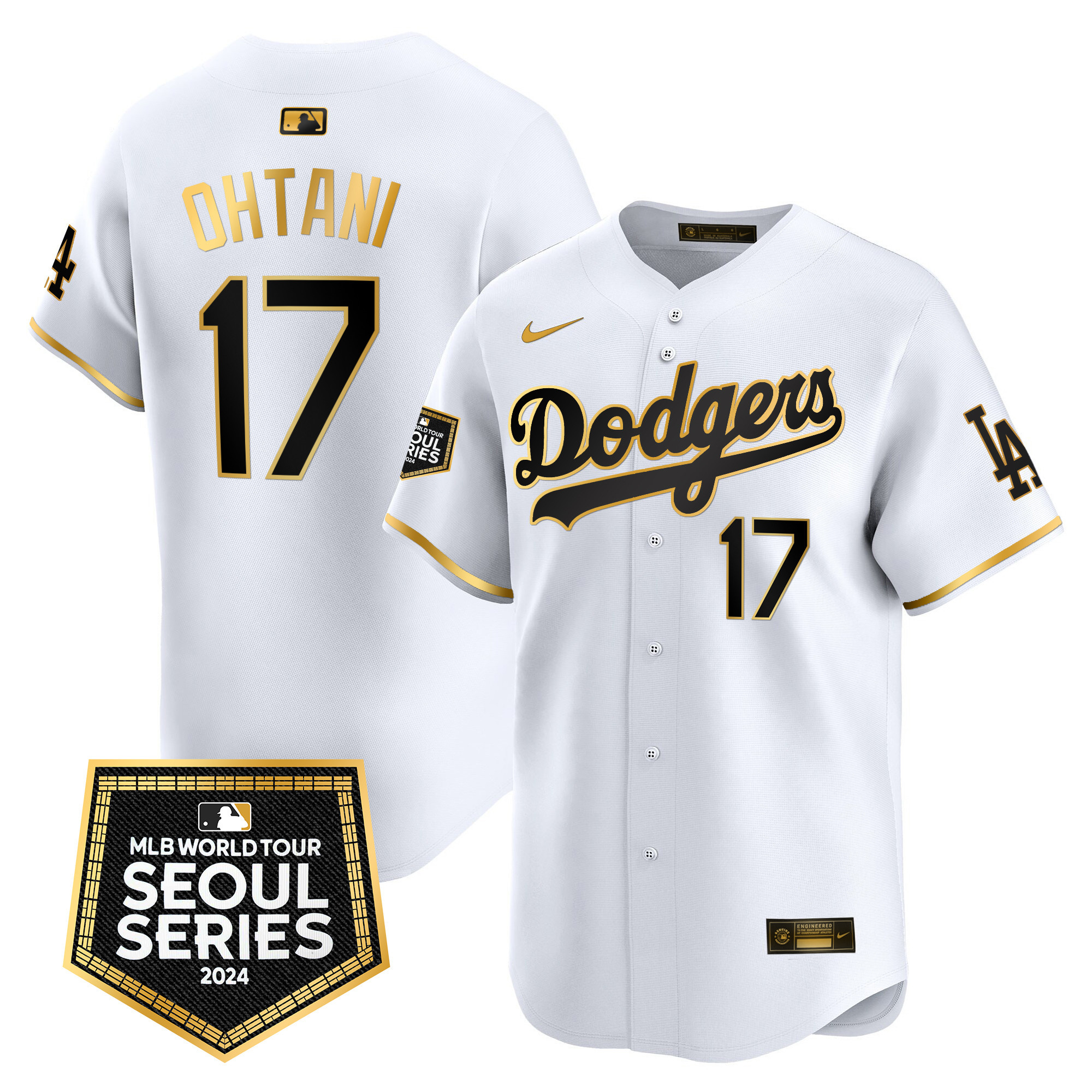 Shohei Ohtani Men's Los Angeles Dodgers 2024 World Tour Seoul Series Patch Vapor Premier Limited White Gold Jersey - All Stitched