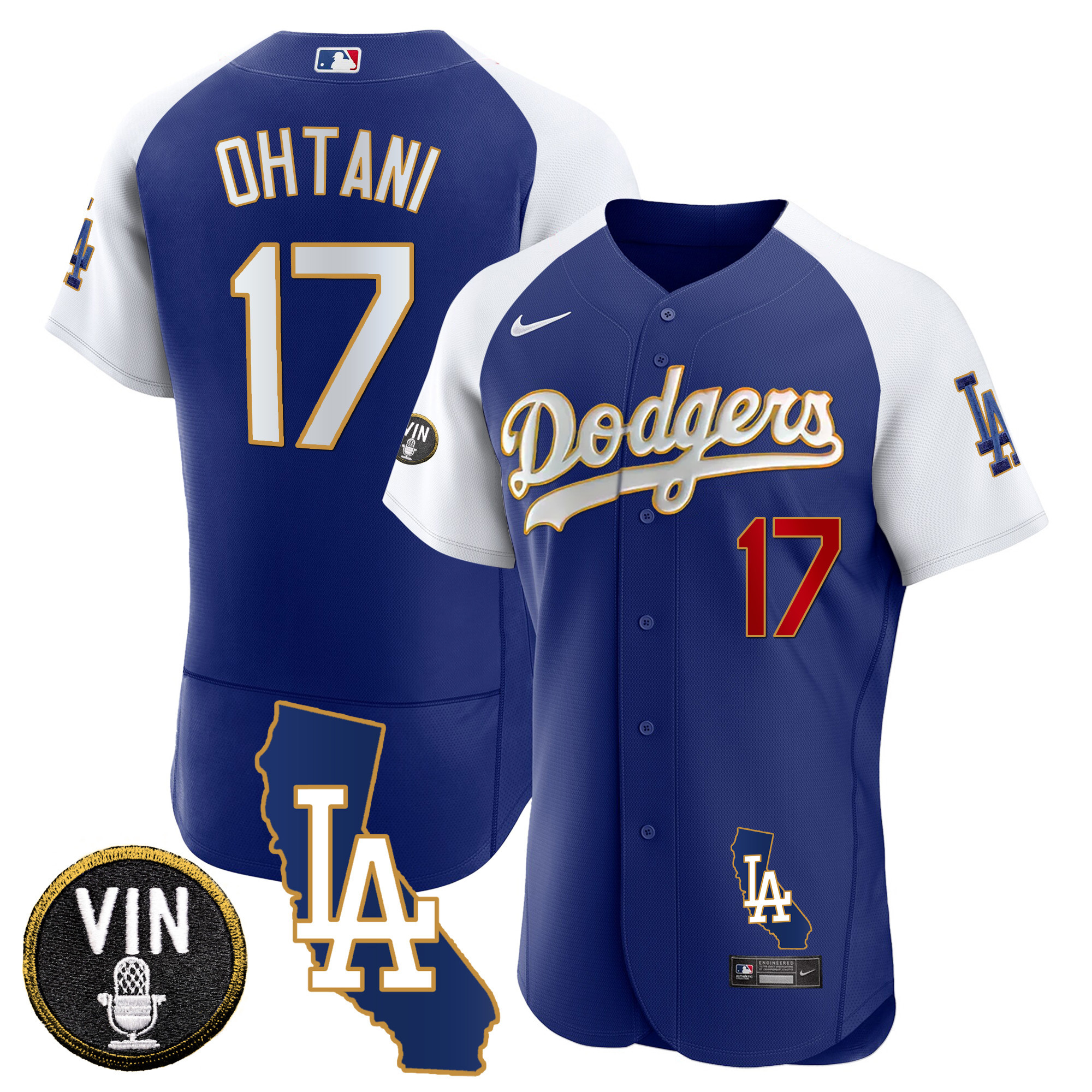 Shohei Ohtani Men's Los Angeles Dodgers California Patch Gold Trim Flex Base Alternate Royal Jersey - All Stitched