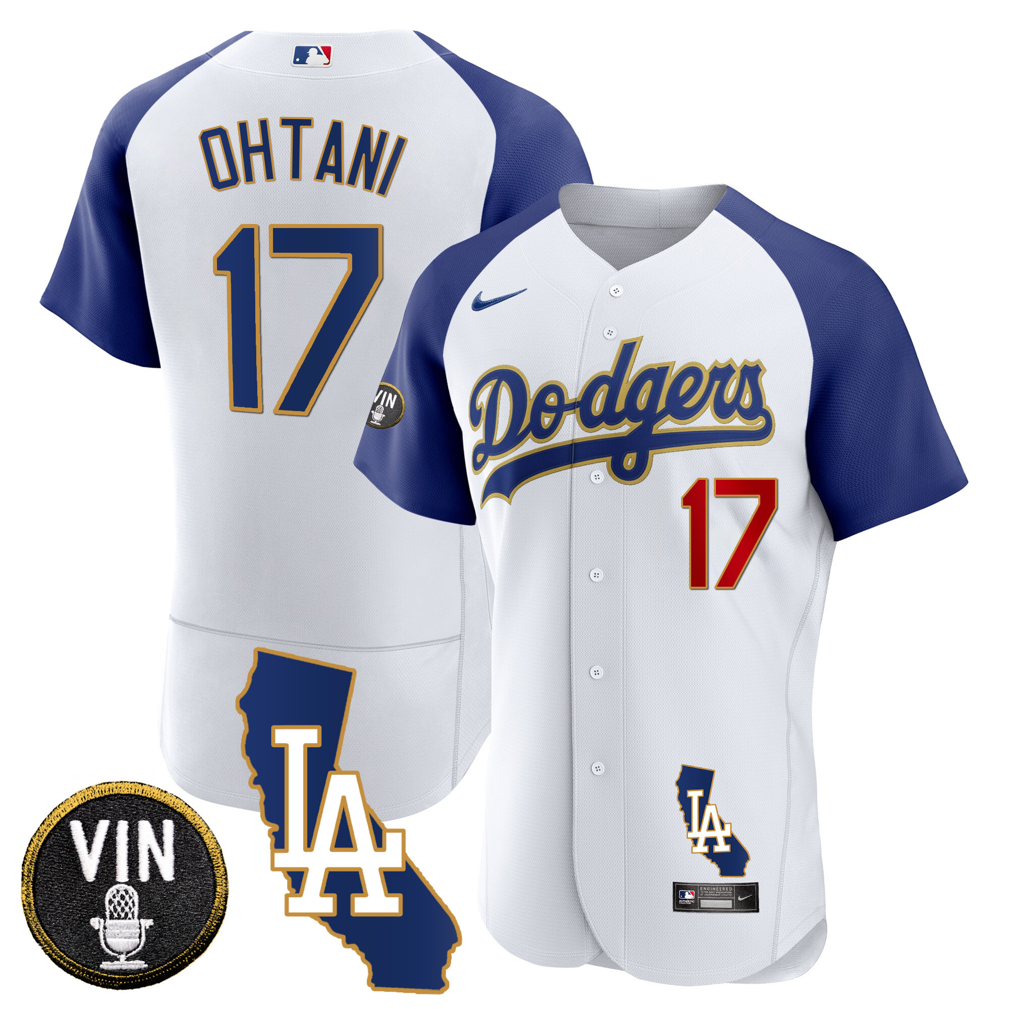 Shohei Ohtani Men's Los Angeles Dodgers California Patch Gold Trim Flex Base Alternate White Jersey - All Stitched