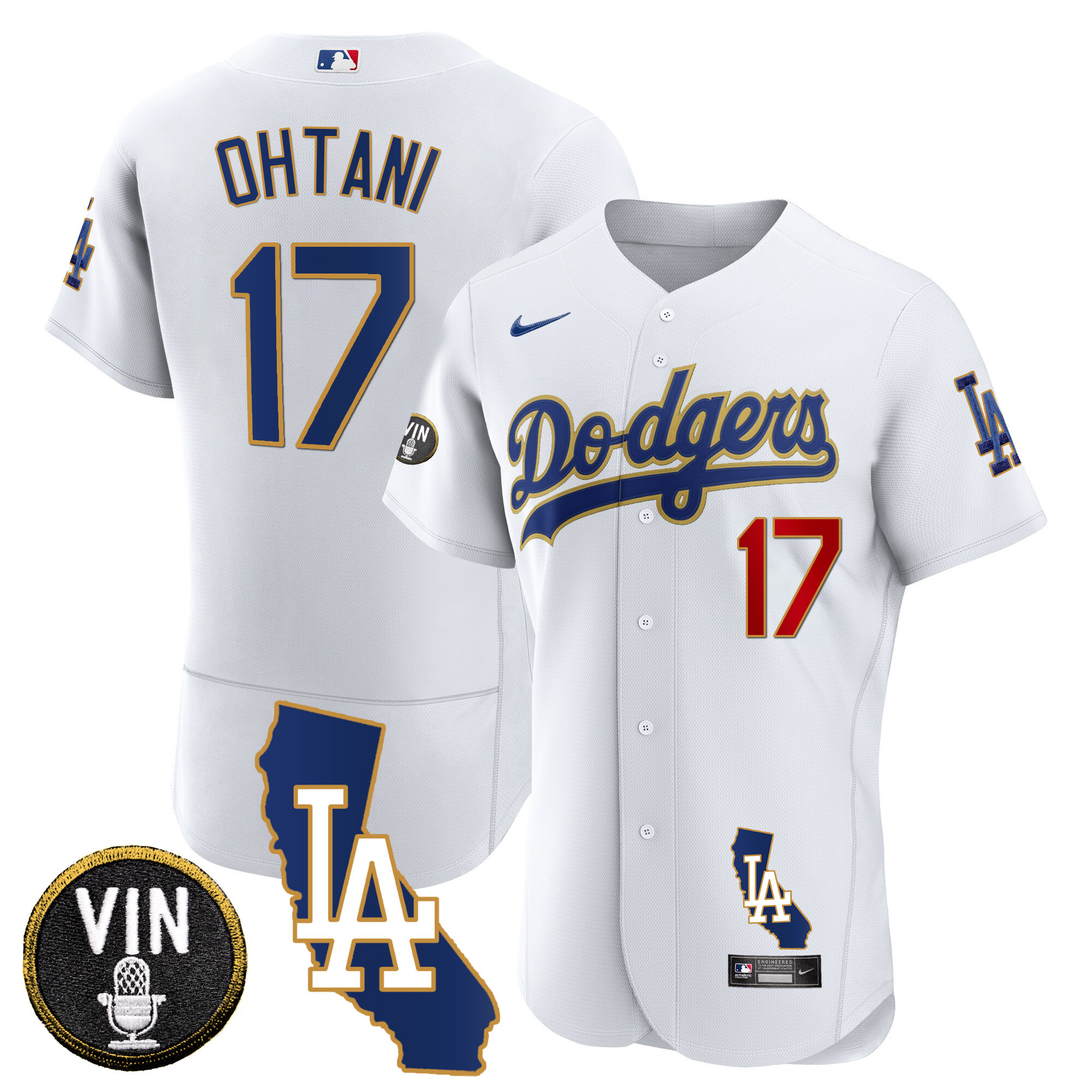Shohei Ohtani Men's Los Angeles Dodgers California Patch Gold Trim Flex Base White Jersey - All Stitched