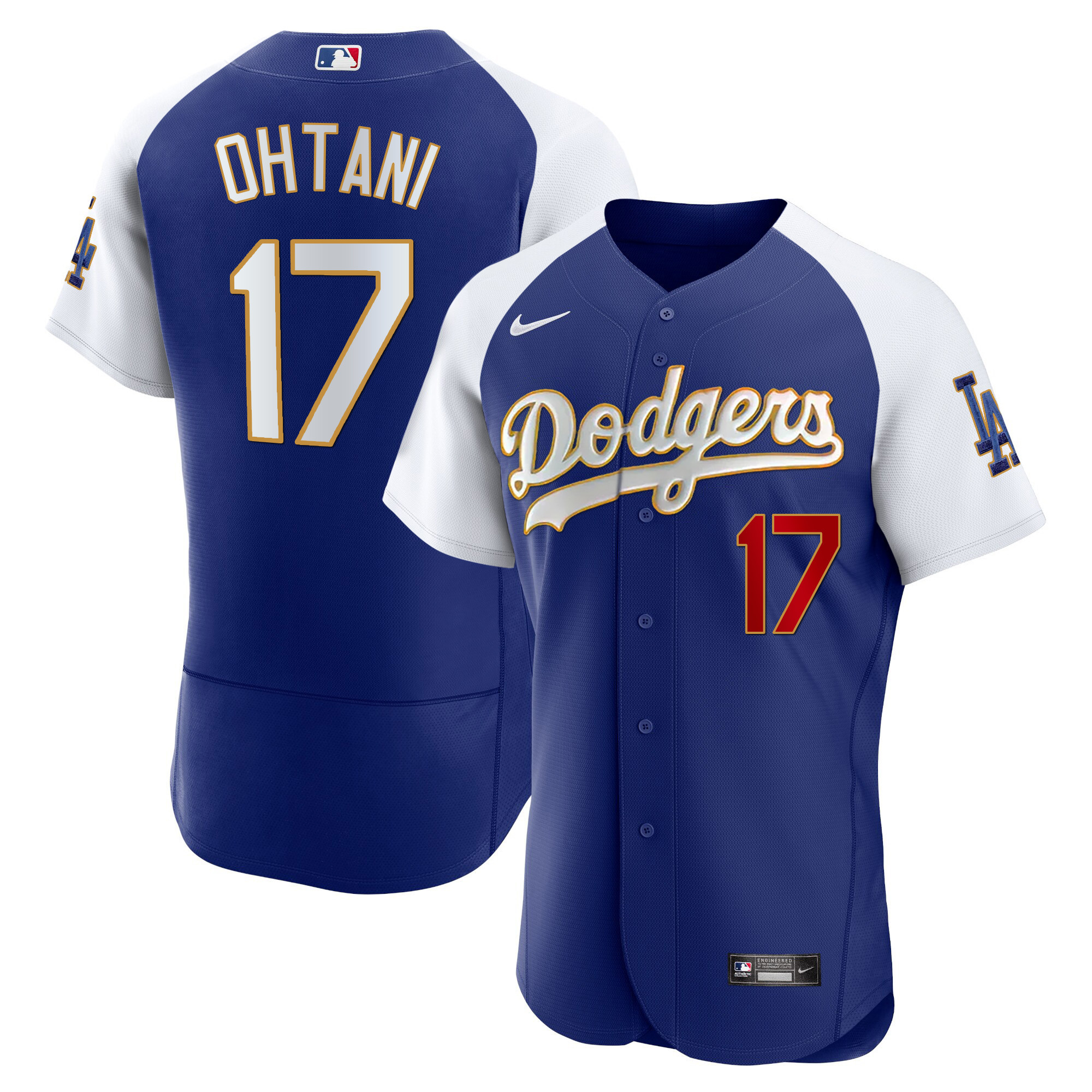 Shohei Ohtani Men's Los Angeles Dodgers Gold Trim Flex Base Alternate Royal Jersey - All Stitched