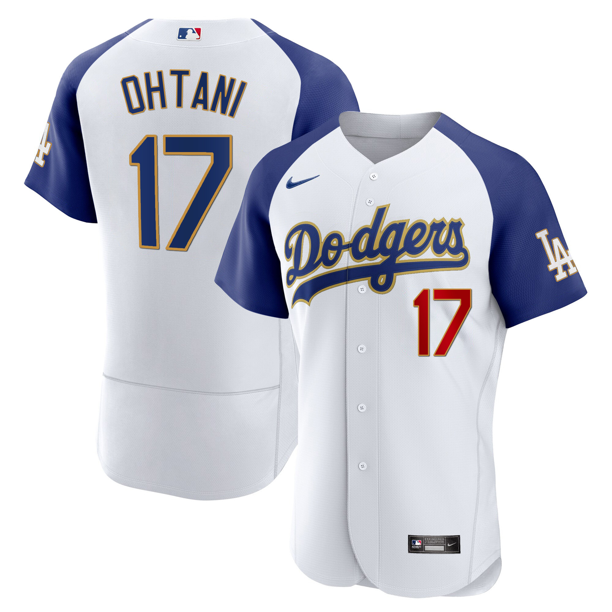 Shohei Ohtani Men's Los Angeles Dodgers Gold Trim Flex Base Alternate White Jersey - All Stitched