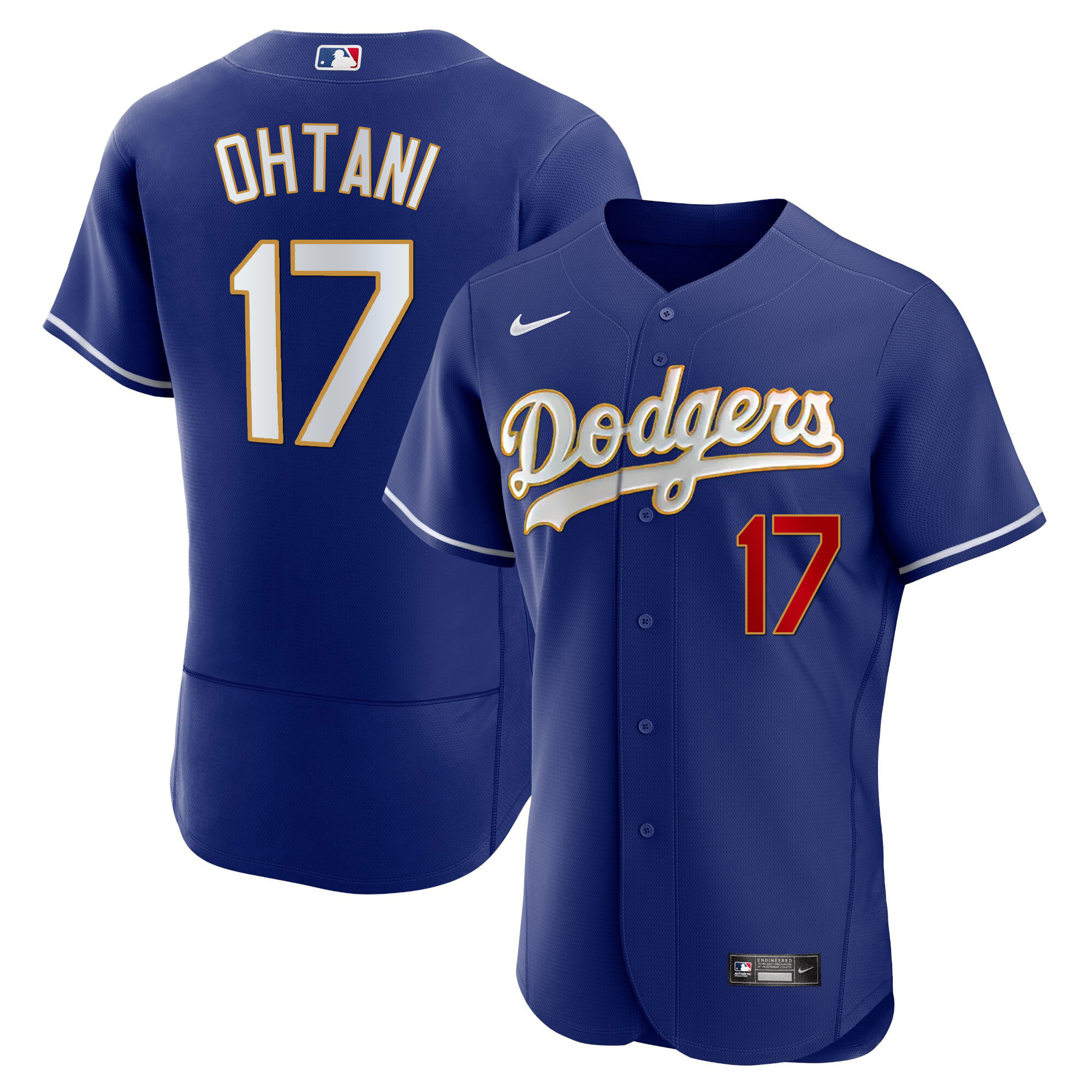Shohei Ohtani Men's Los Angeles Dodgers Gold Trim Flex Base Royal Jersey - All Stitched