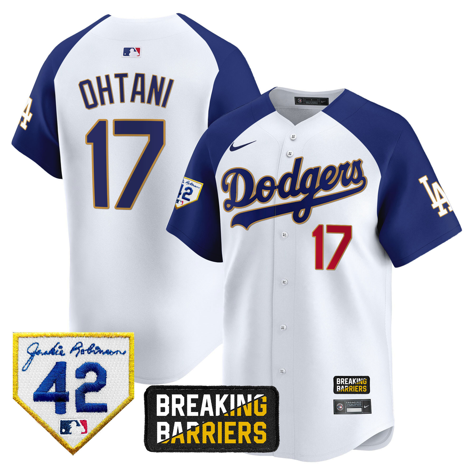 Shohei Ohtani Men's Los Angeles Dodgers Jackie Robinson Breaking Barriers Patch Vapor Premier Limited White Alternate Jersey - All Stitched