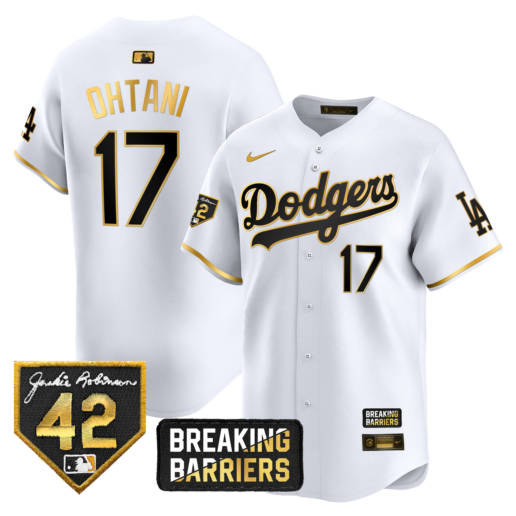 Shohei Ohtani Men's Los Angeles Dodgers Jackie Robinson Breaking Barriers Patch Vapor Premier Limited White Gold Jersey - All Stitched