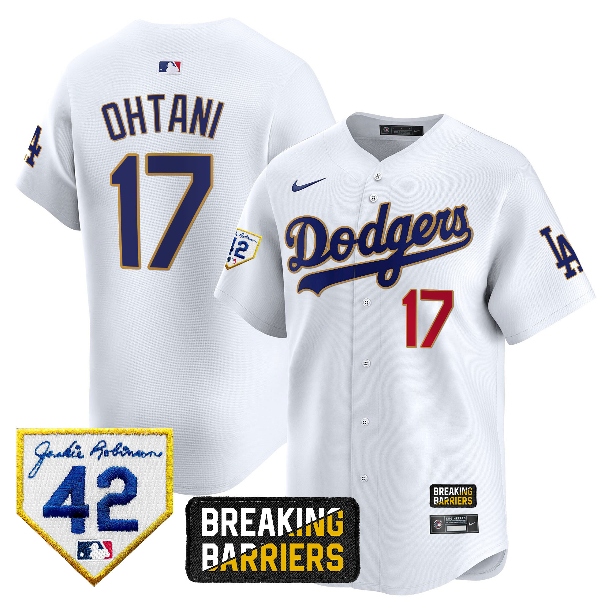 Shohei Ohtani Men's Los Angeles Dodgers Jackie Robinson Breaking Barriers Patch Vapor Premier Limited White Jersey - All Stitched