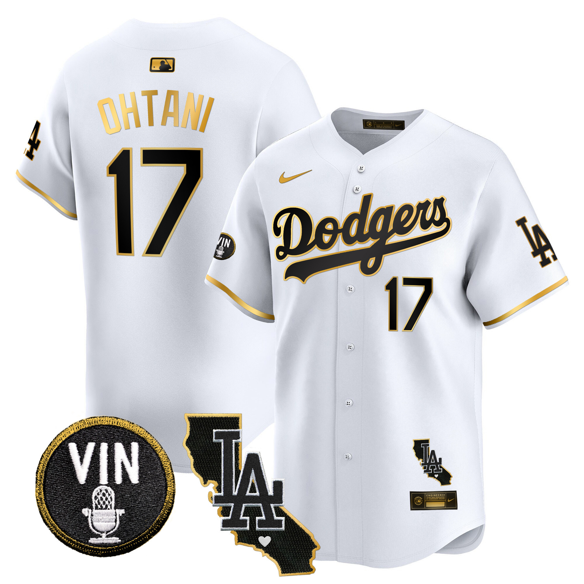 Shohei Ohtani Men's Los Angeles Dodgers Vin & California Patch Gold Trim Vapor Premier Limited White Gold Jersey - All Stitched