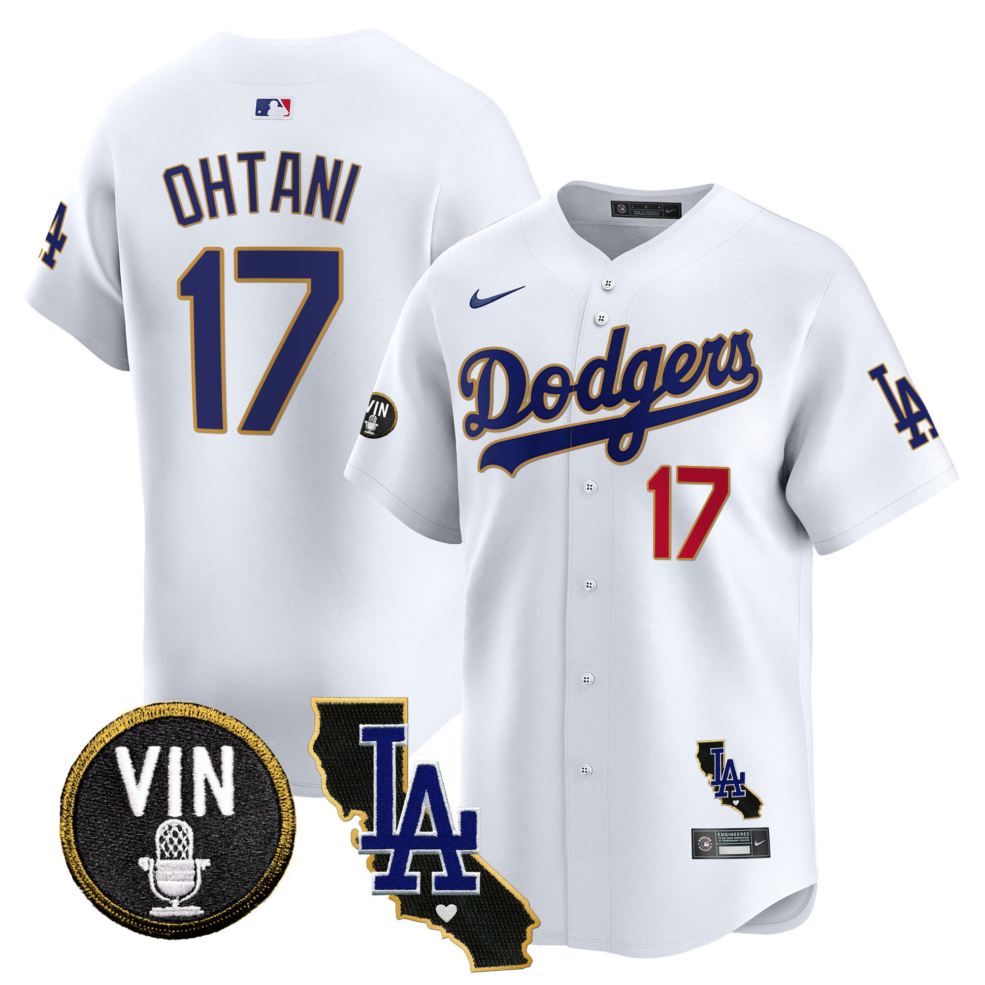 Shohei Ohtani Men's Los Angeles Dodgers Vin & California Patch Gold Trim Vapor Premier Limited White Jersey - All Stitched