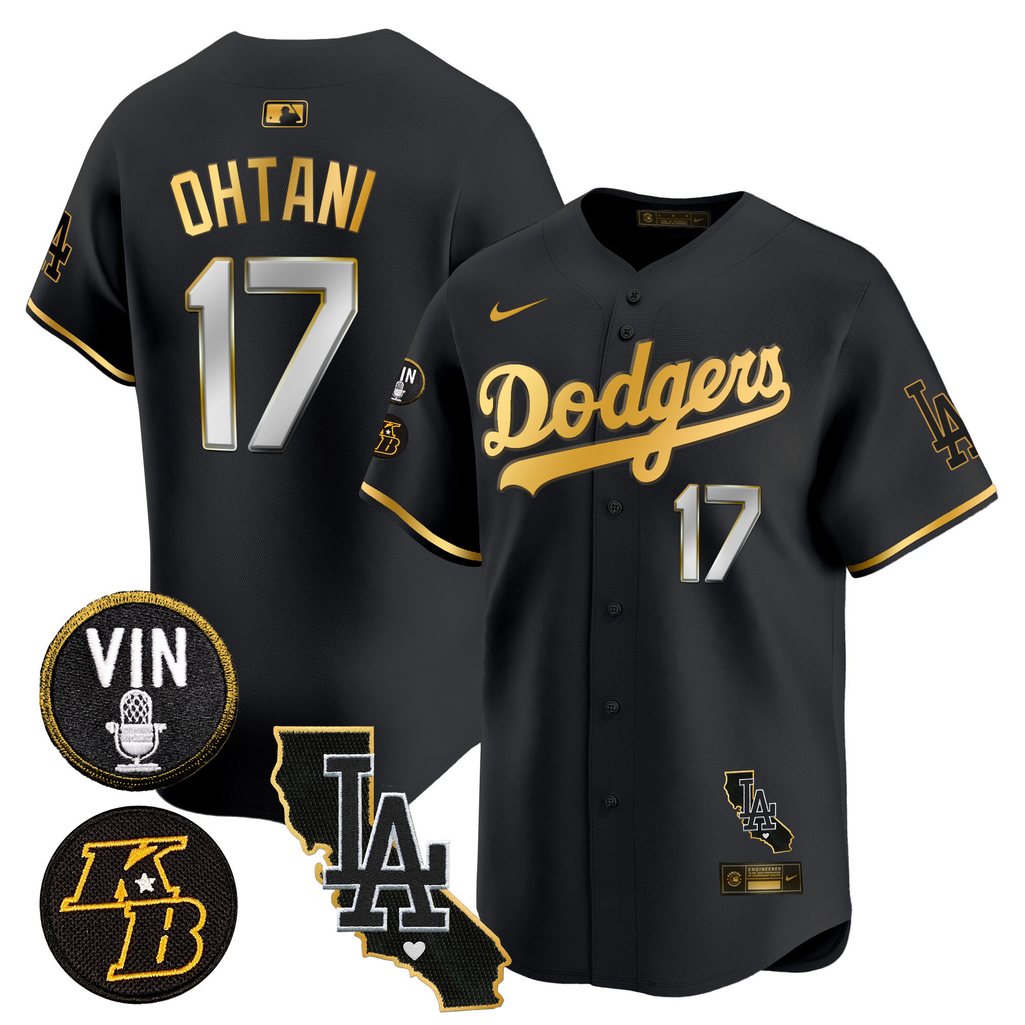 Shohei Ohtani Men's Los Angeles Dodgers Vin & Kobe Patch Gold Trim Vapor Premier Limited V2 Black Gold Jersey - All Stitched
