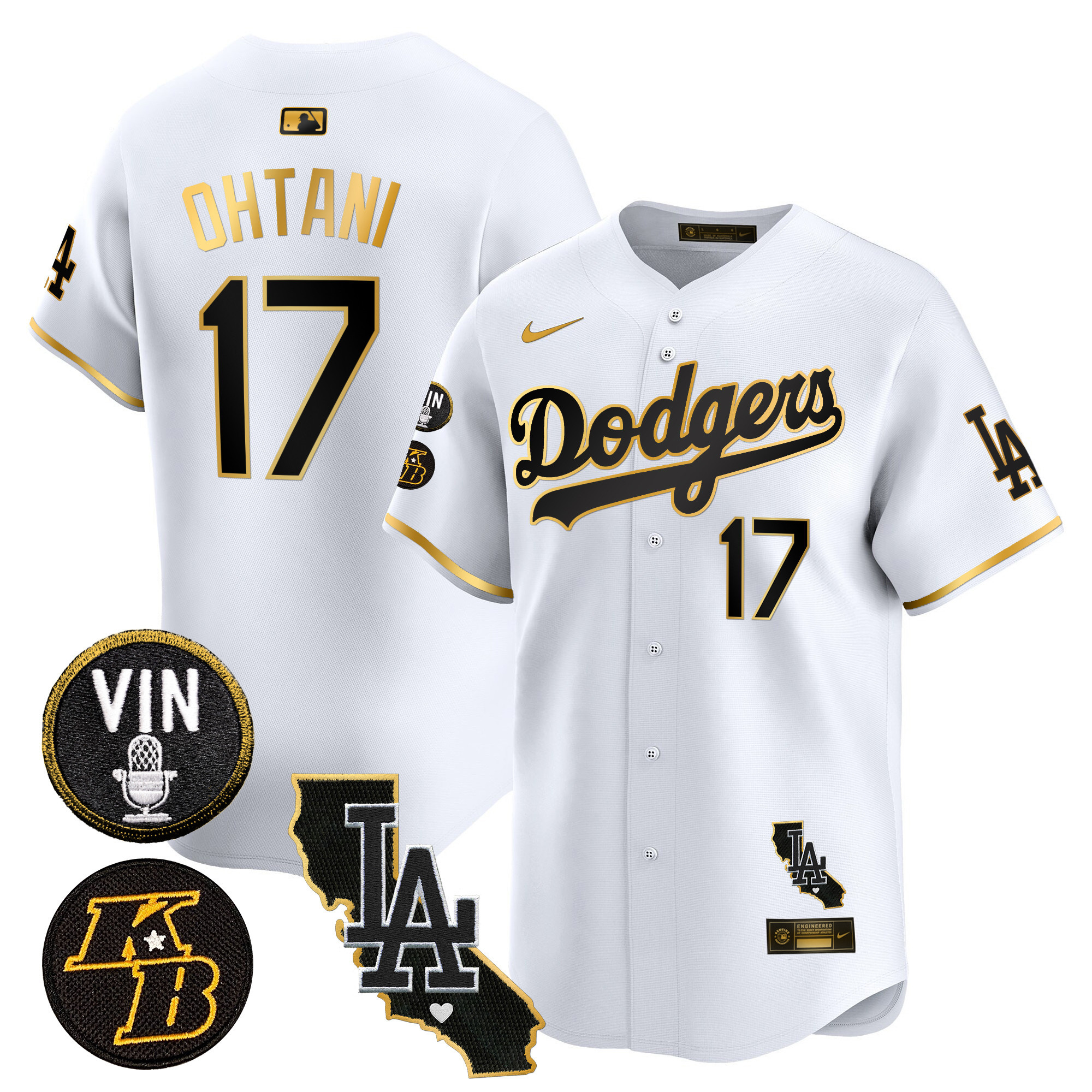 Shohei Ohtani Men's Los Angeles Dodgers Vin & Kobe Patch Gold Trim Vapor Premier Limited V2 White Gold Jersey - All Stitched