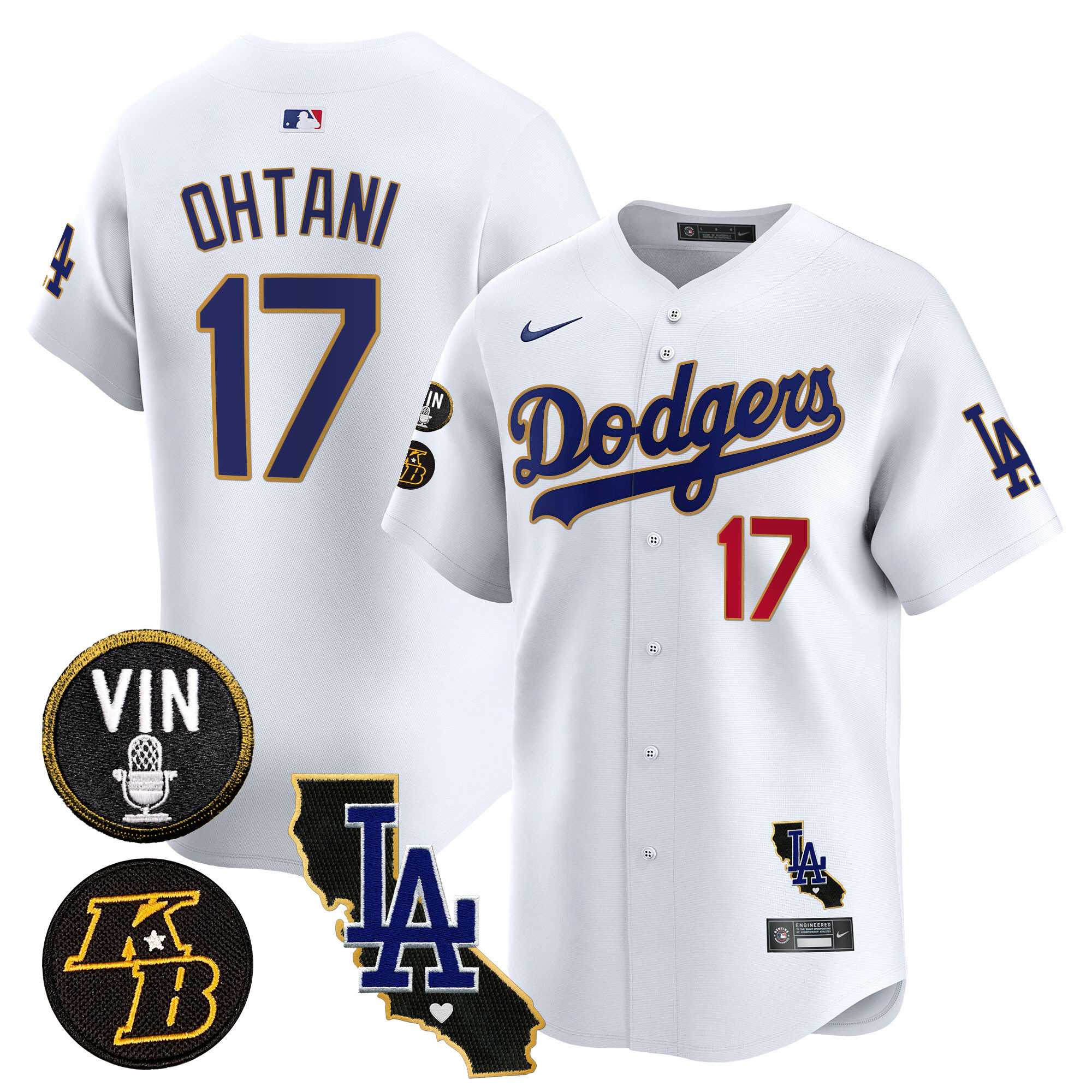 Shohei Ohtani Men's Los Angeles Dodgers Vin & Kobe Patch Gold Trim Vapor Premier Limited V2 White Jersey - All Stitched