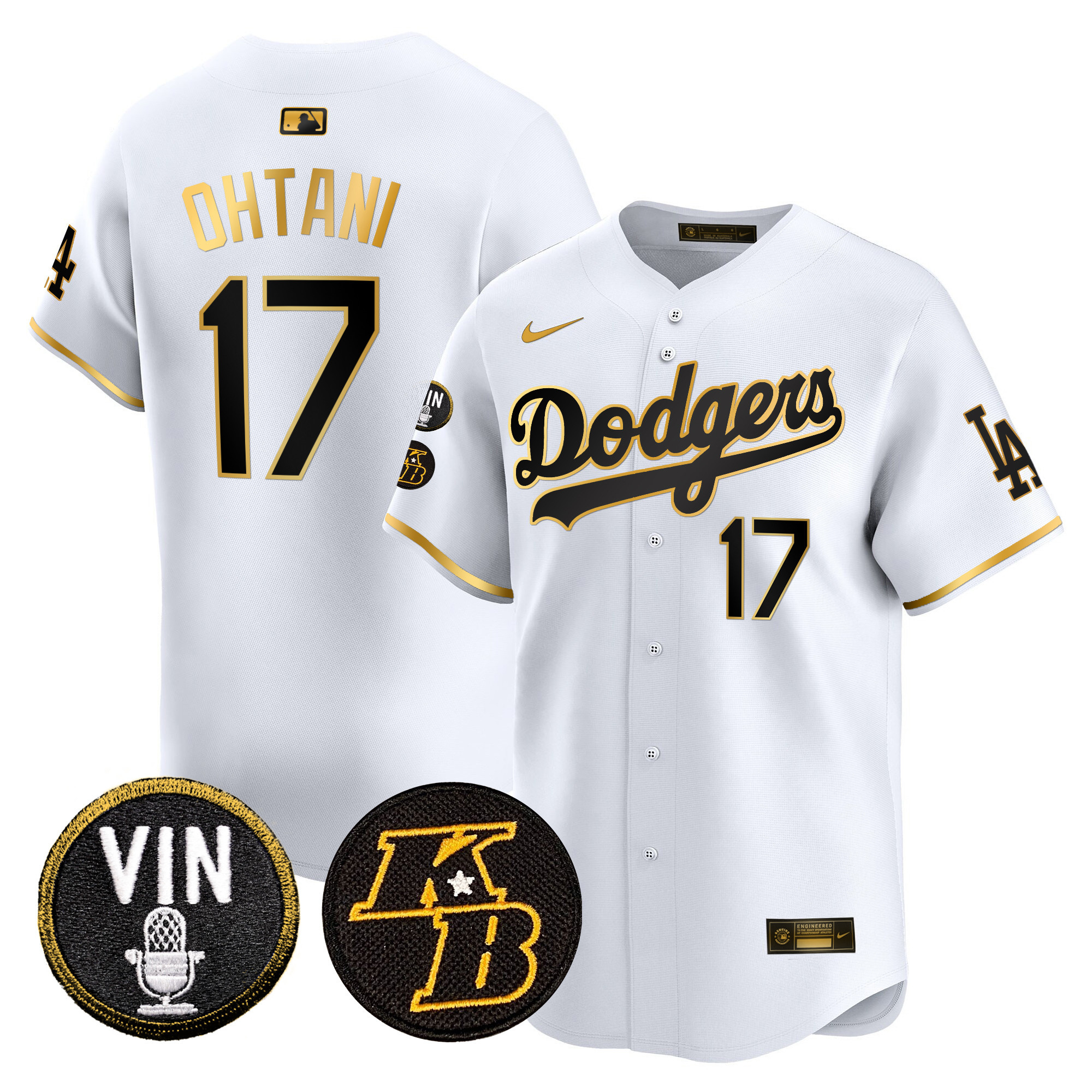 Shohei Ohtani Men's Los Angeles Dodgers Vin & Kobe Patch Gold Trim Vapor Premier Limited White Gold Jersey - All Stitched