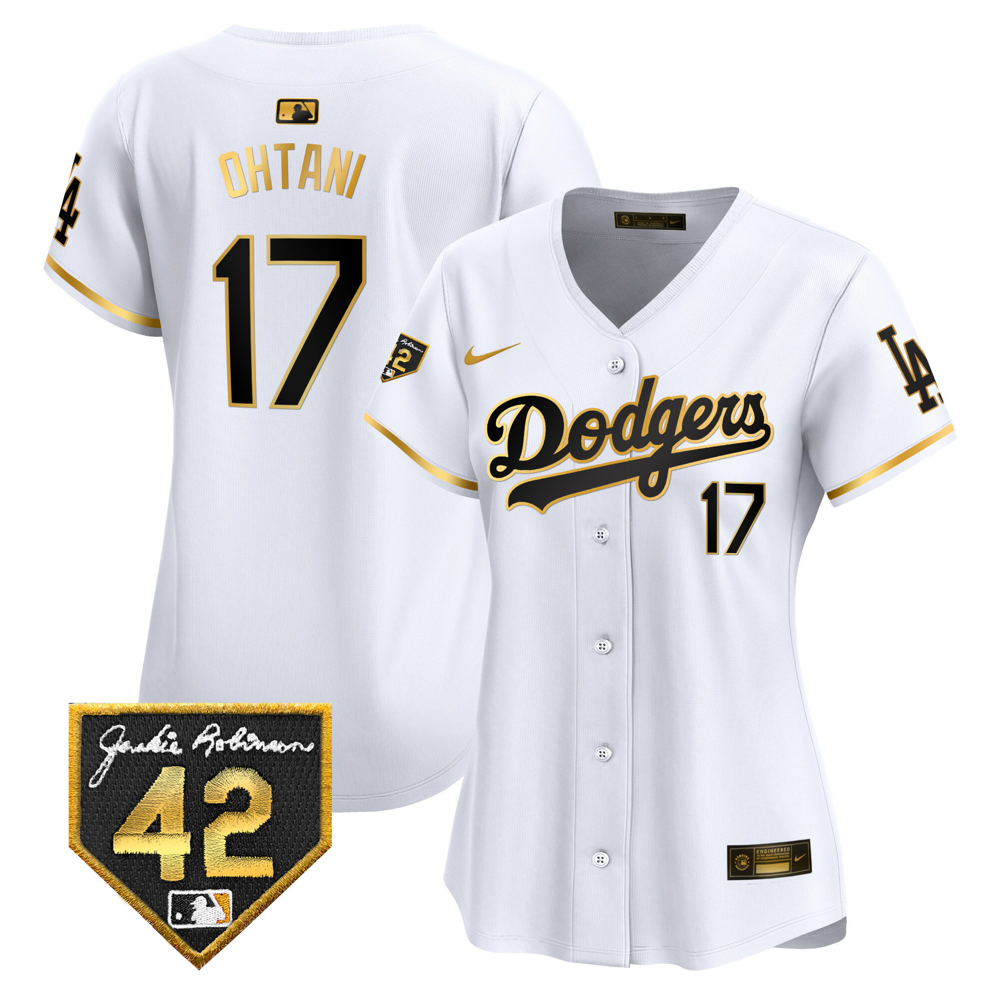 Shohei Ohtani Women's Los Angeles Dodgers 2024 Jackie Robinson Patch Vapor Premier Limited White Gold Jersey - All Stitched