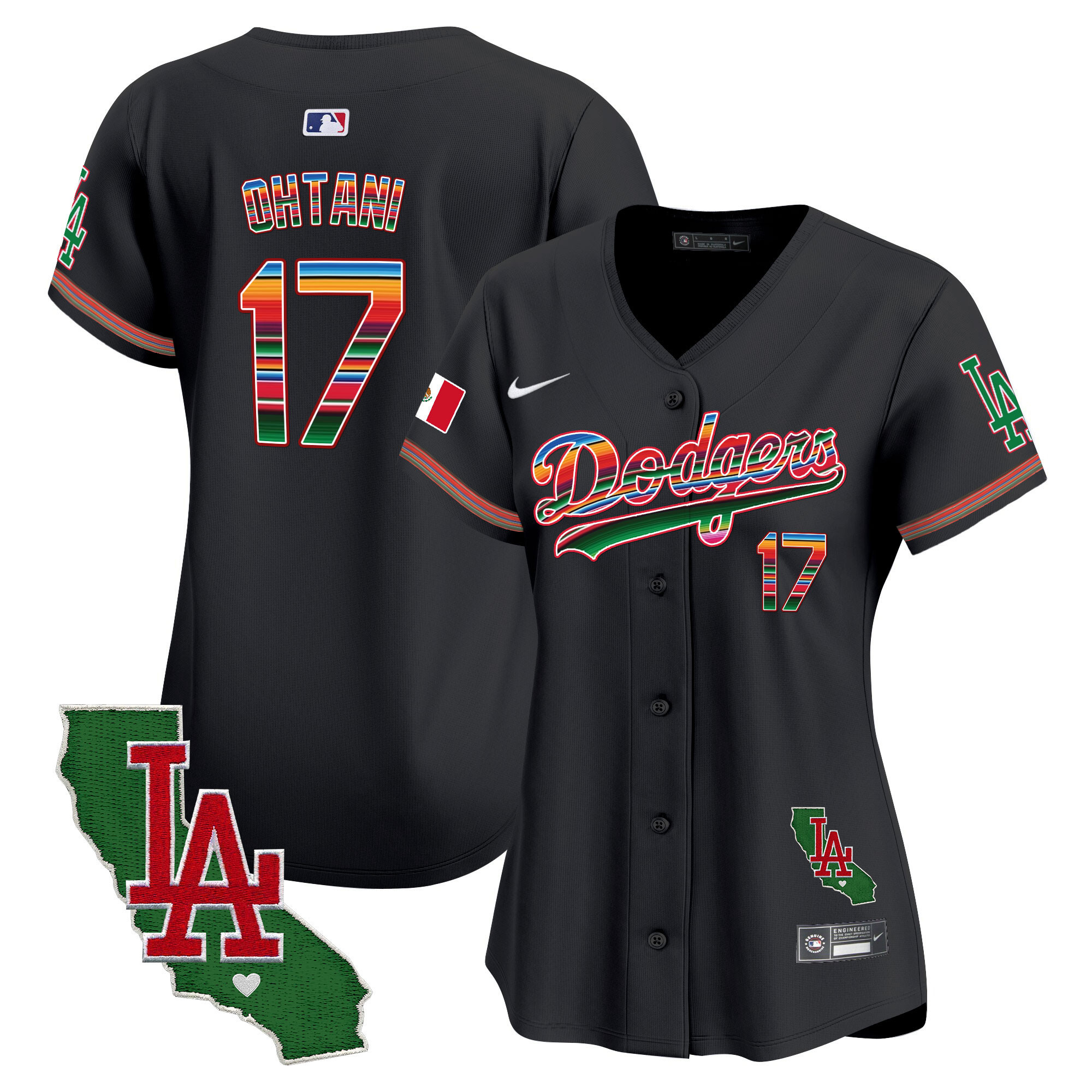 Shohei Ohtani Women's Los Angeles Dodgers Mexico California Patch Vapor Premier Limited V2 Black Jersey - All Stitched