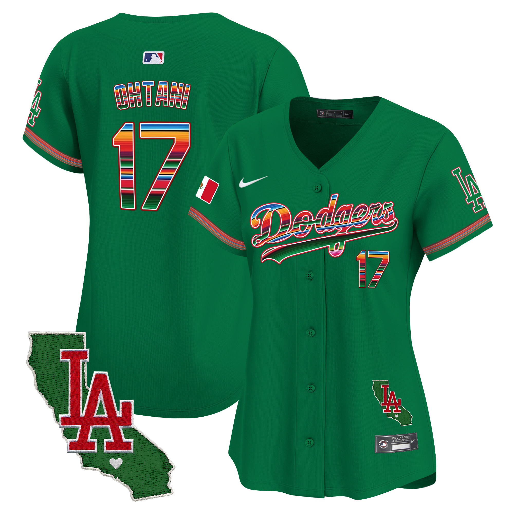 Shohei Ohtani Women's Los Angeles Dodgers Mexico California Patch Vapor Premier Limited V2 Green Jersey - All Stitched