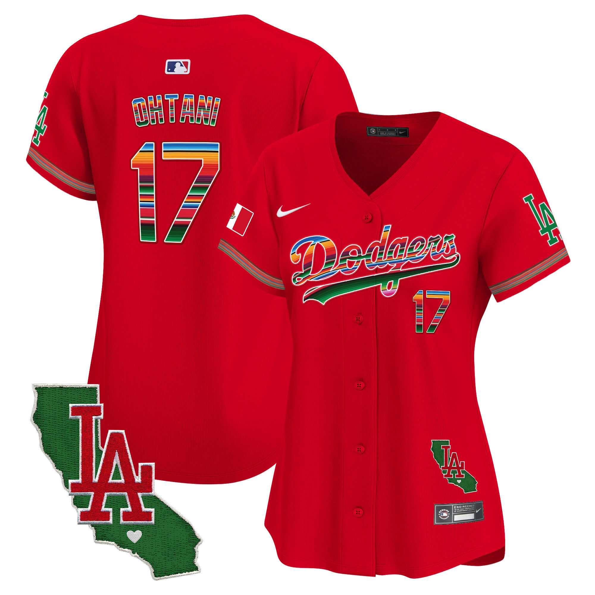 Shohei Ohtani Women's Los Angeles Dodgers Mexico California Patch Vapor Premier Limited V2 Red Jersey - All Stitched