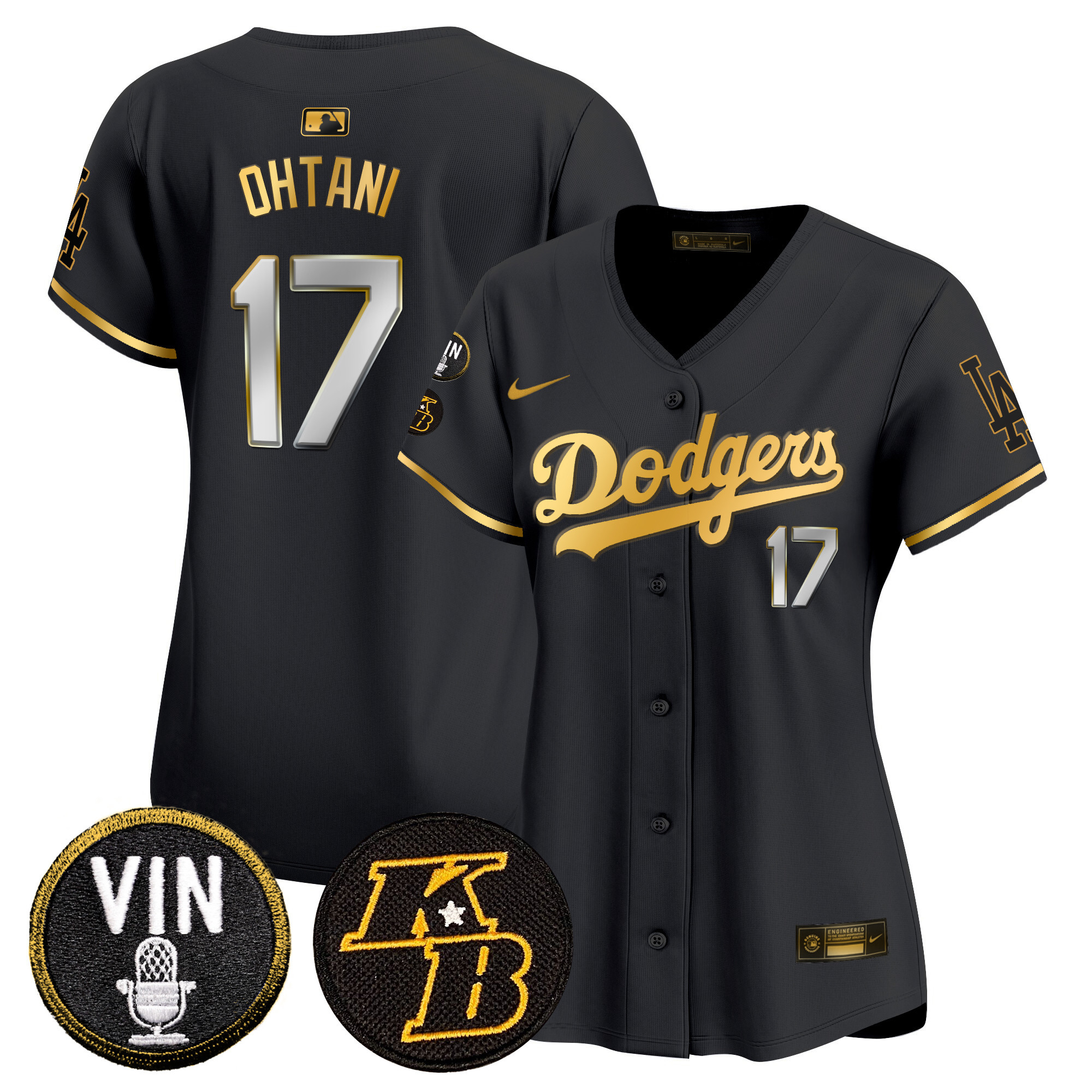 Shohei Ohtani Women's Los Angeles Dodgers Vin & Kobe Patch Gold Trim Vapor Premier Limited Black Gold Jersey - All Stitched